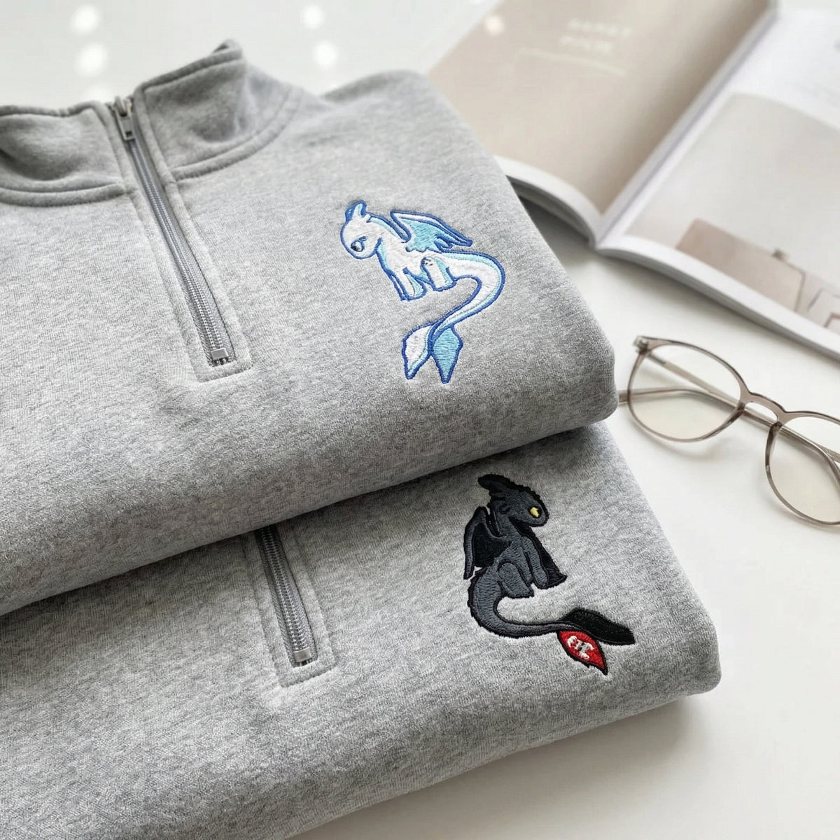 Custom Embroidered Quarter Zip Sweatshirt for Couples - Black Dragon x White Dragon Matching Full-Zip Hoodie