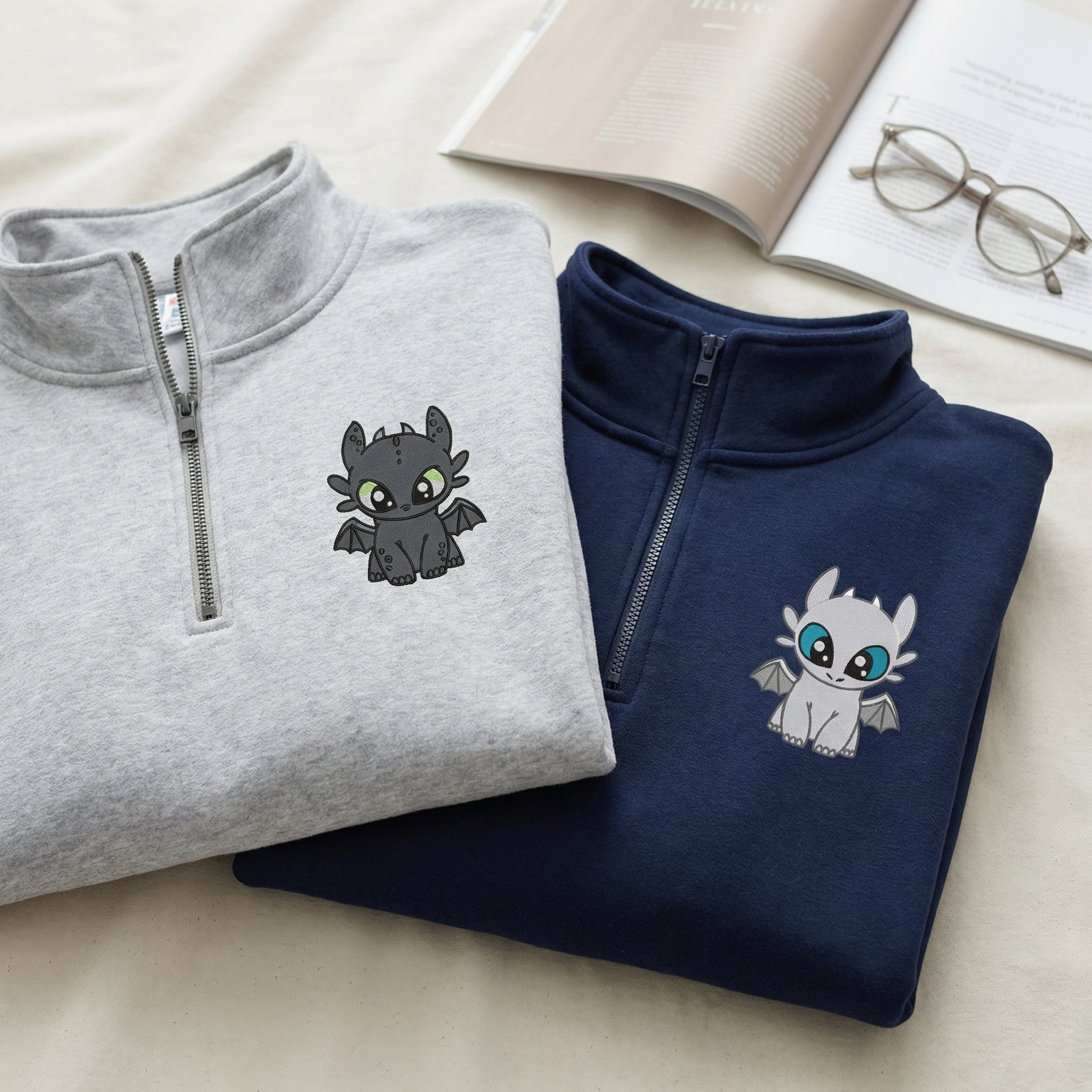 Custom Embroidered Quarter Zip Sweatshirt for Couples - Black Dragon x White Dragon Matching Full-Zip Hoodie