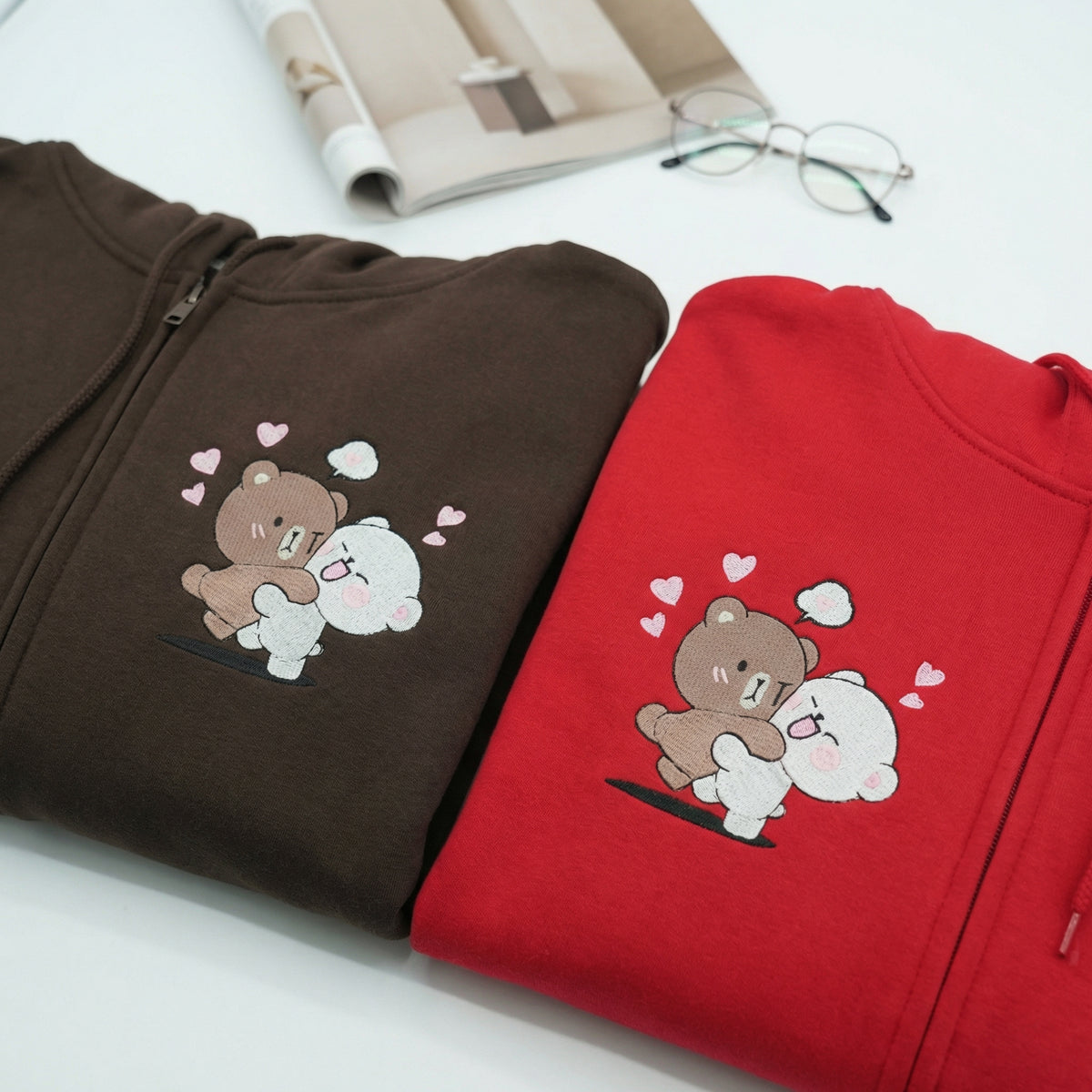 Custom Embroidered Quarter Zip Sweatshirt for Couples - Brown & Cream Bears Matching Full-Zip Hoodie