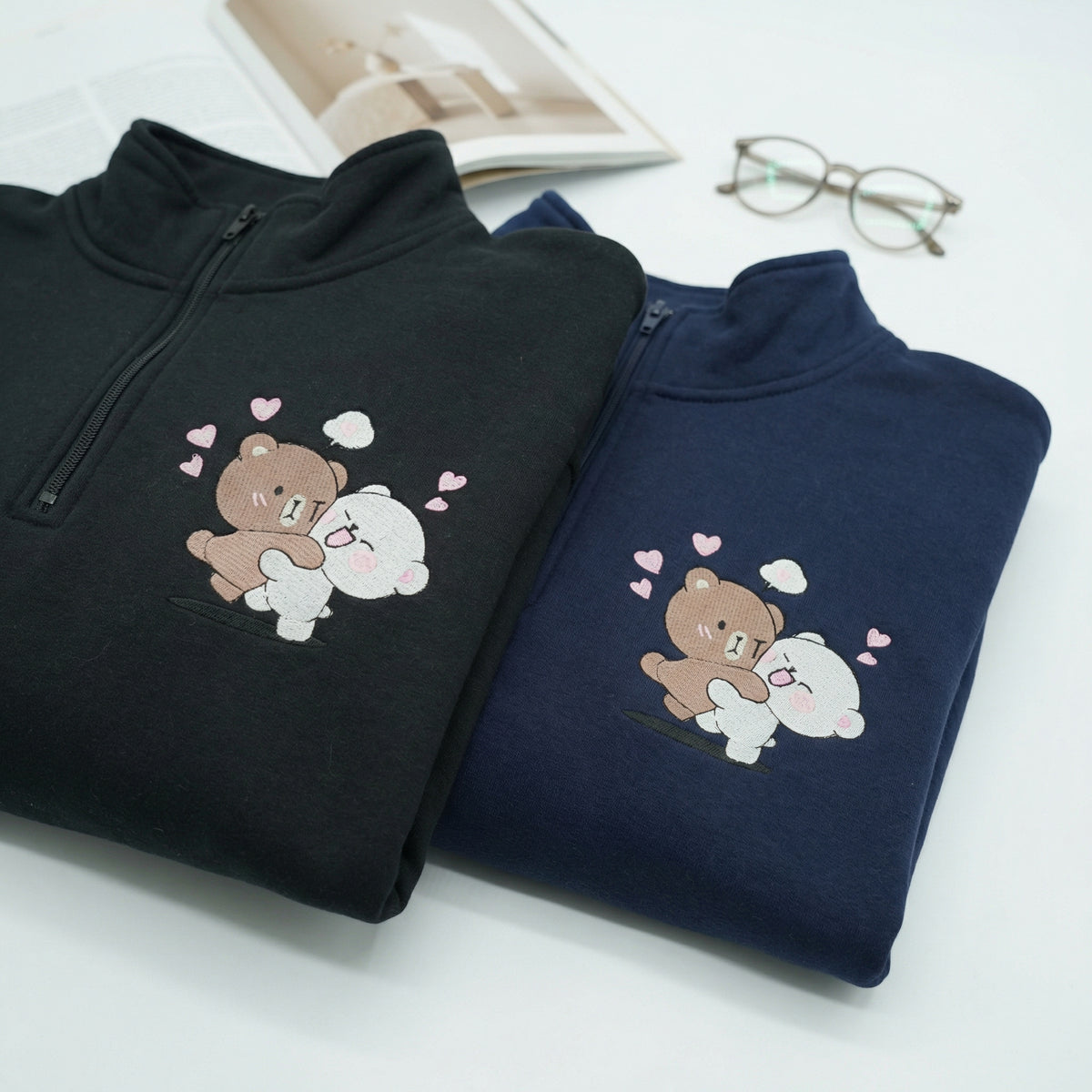 Custom Embroidered Quarter Zip Sweatshirt for Couples - Brown &amp; Cream Bears Matching Full-Zip Hoodie