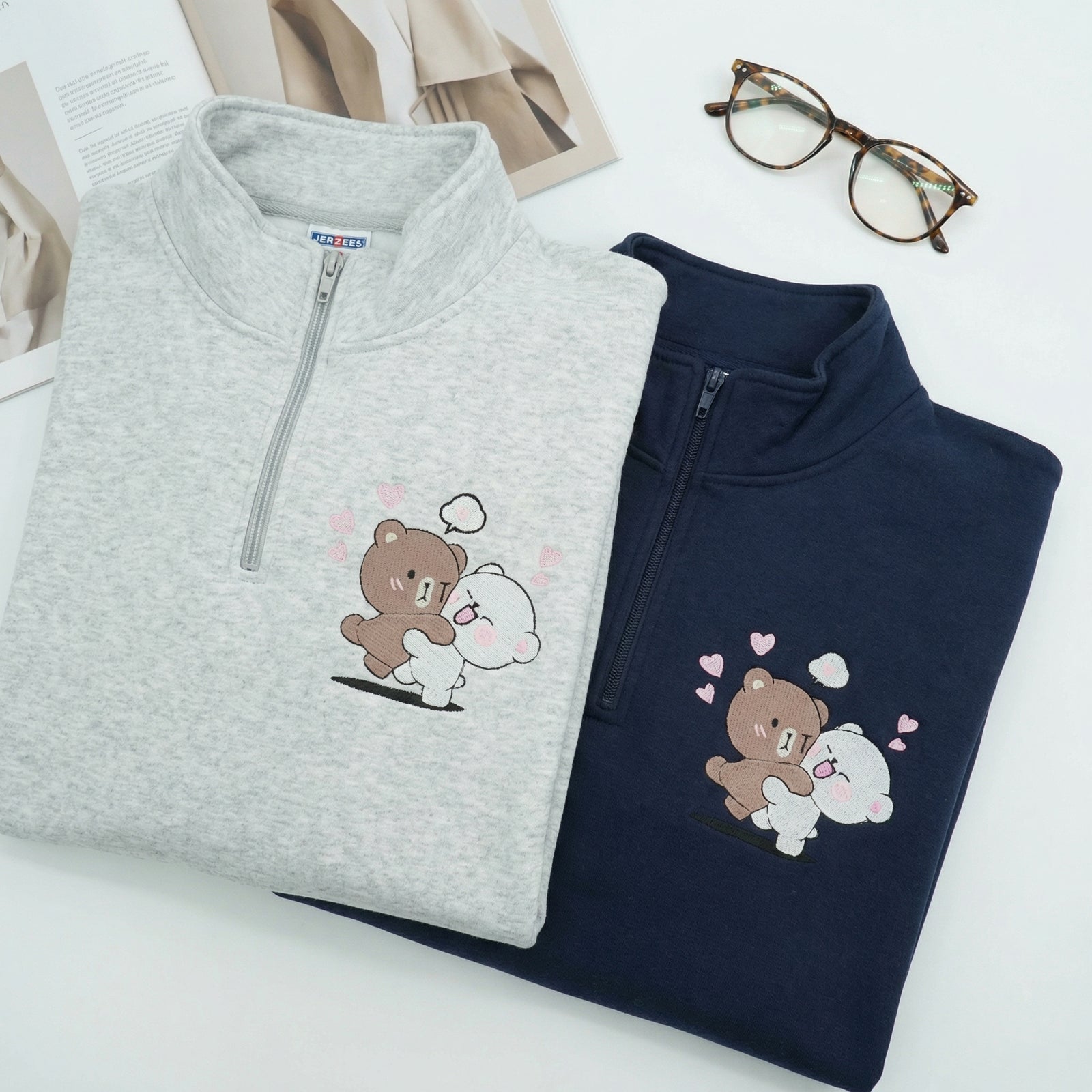 Custom Embroidered Quarter Zip Sweatshirt for Couples - Brown & Cream Bears Matching Full-Zip Hoodie