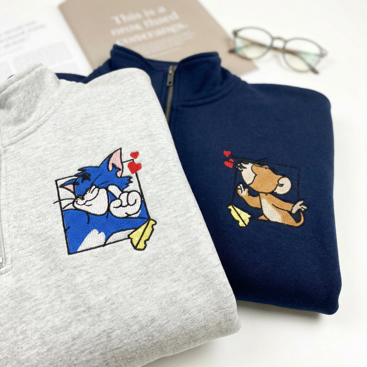 Custom Embroidered Quarter Zip Sweatshirt for Couples - Cartoon Cat & Mouse Matching Full-Zip Hoodie