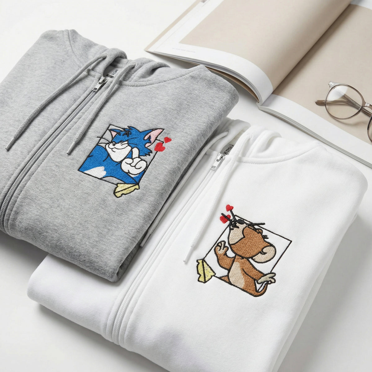 Custom Embroidered Quarter Zip Sweatshirt for Couples - Cartoon Cat & Mouse Matching Full-Zip Hoodie
