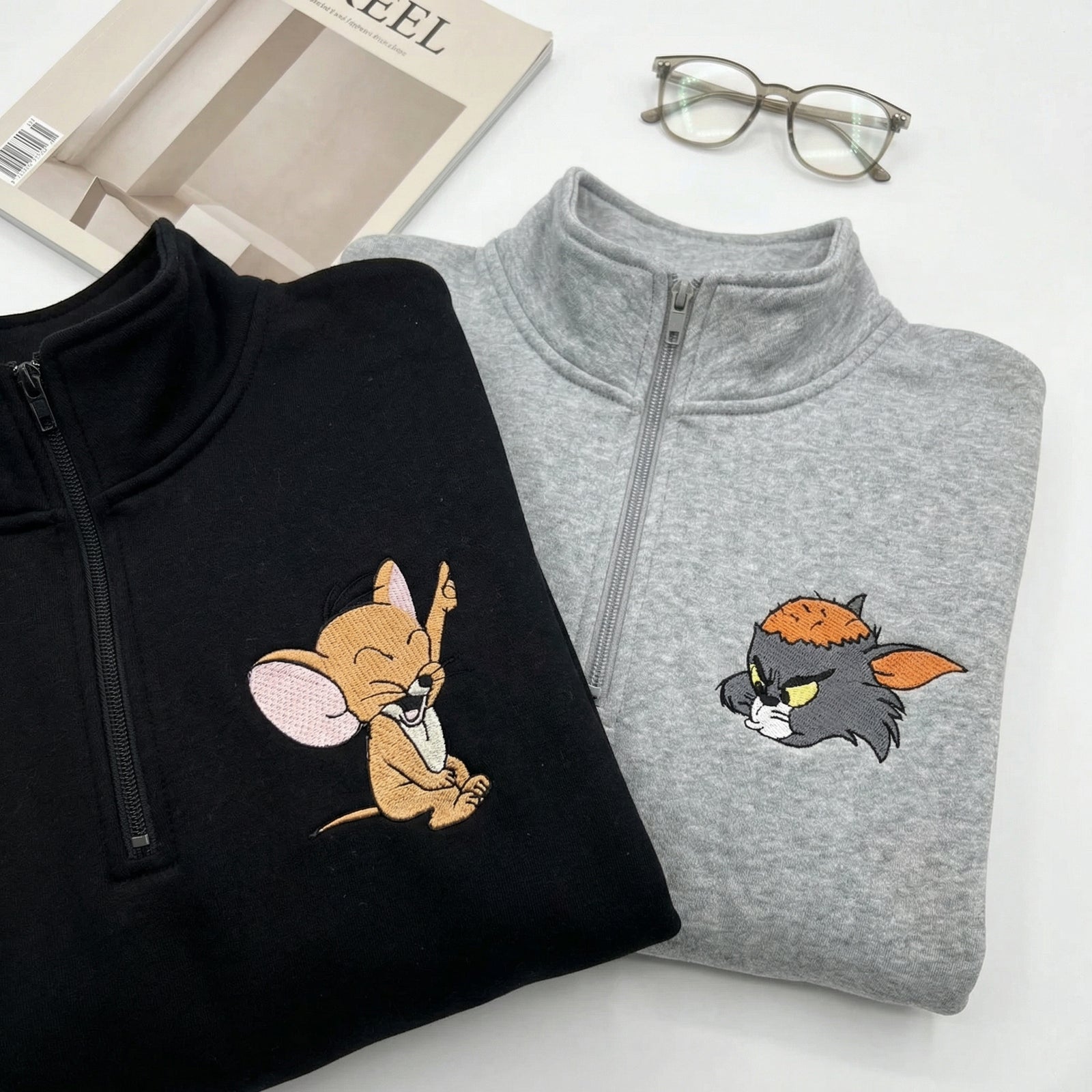 Custom Embroidered Quarter Zip Sweatshirt for Couples - Cartoon Cat & Mouse Matching Full-Zip Hoodie