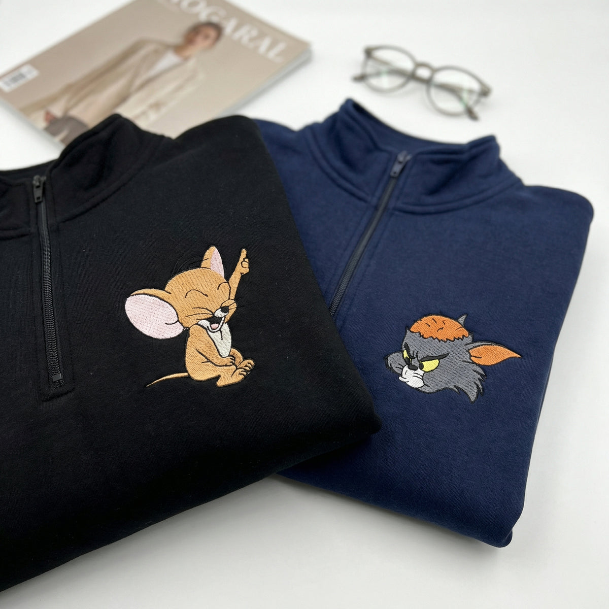 Custom Embroidered Quarter Zip Sweatshirt for Couples - Cartoon Cat & Mouse Matching Full-Zip Hoodie