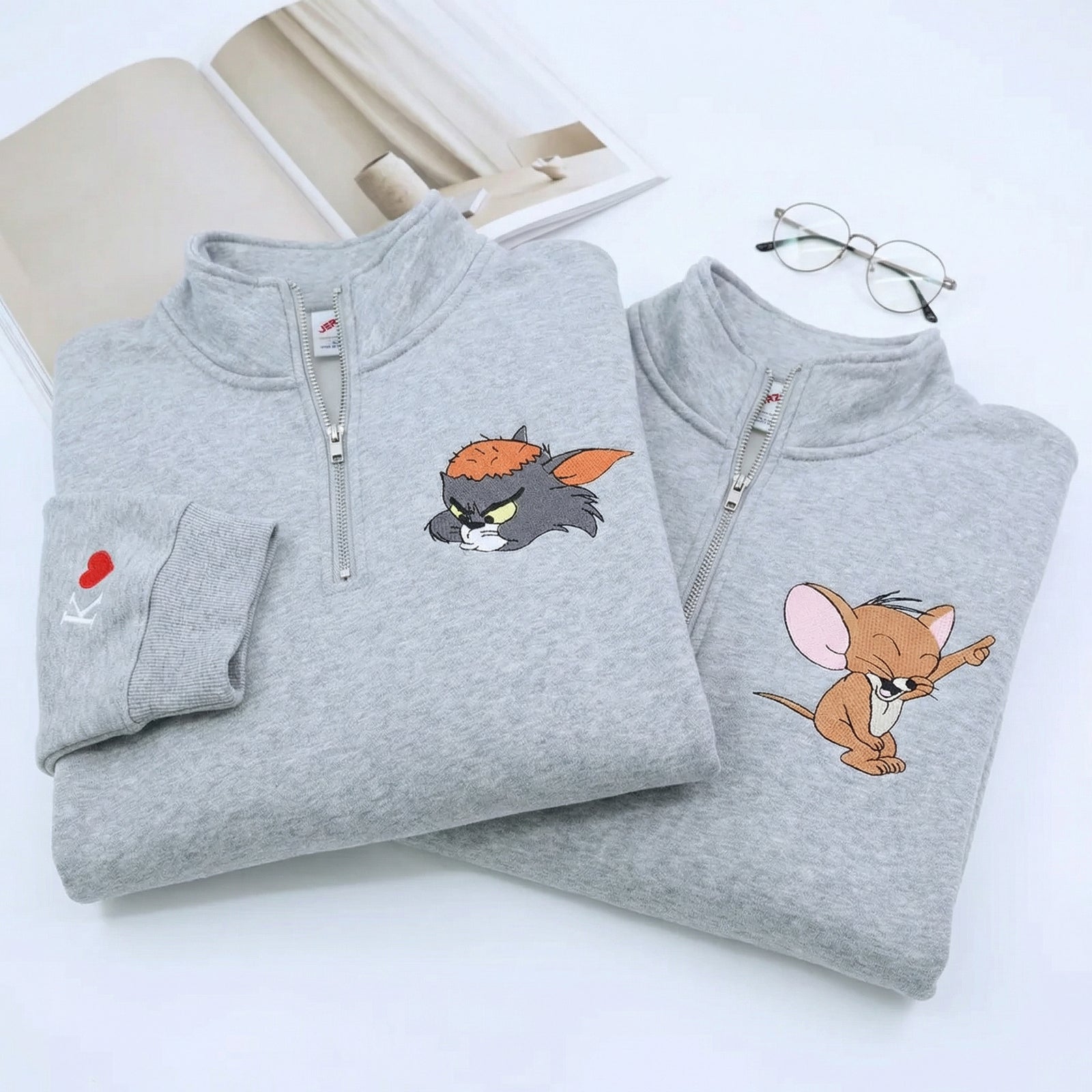 Custom Embroidered Quarter Zip Sweatshirt for Couples - Cartoon Cat & Mouse Matching Full-Zip Hoodie