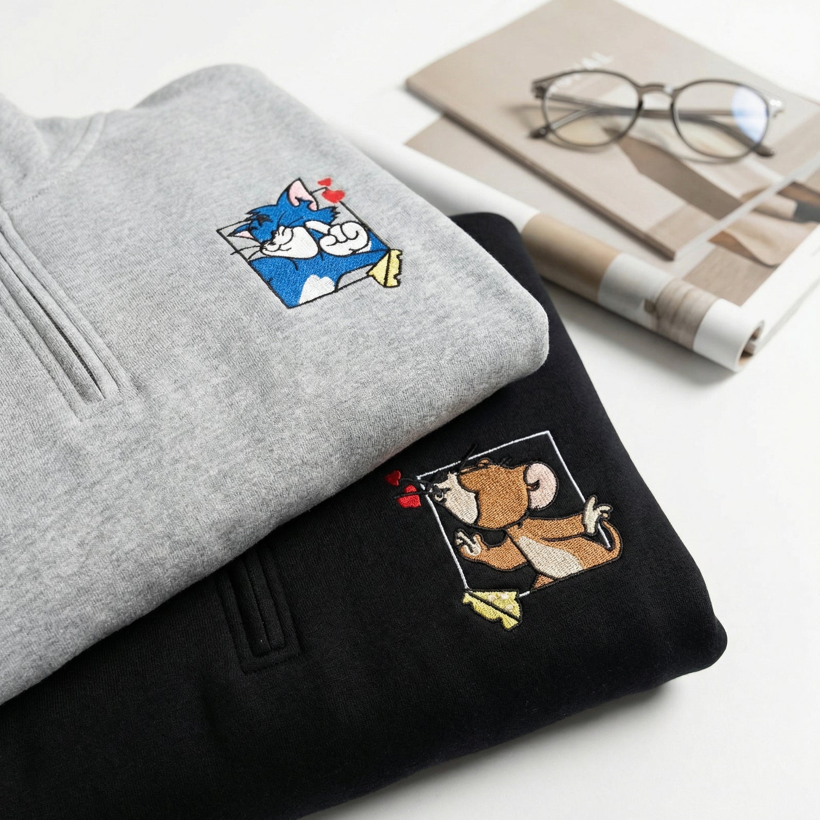 Custom Embroidered Quarter Zip Sweatshirt for Couples - Cartoon Cat & Mouse Matching Full-Zip Hoodie