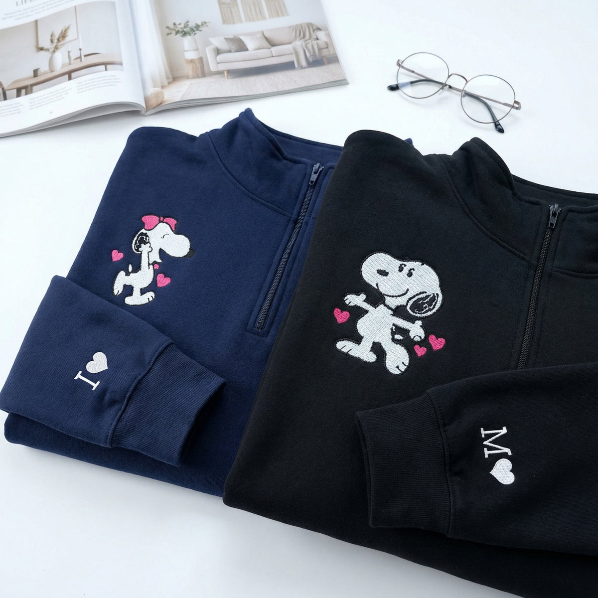 Custom Embroidered Quarter Zip Sweatshirt for Couples - Cute Cartoon Dog Character Matching Full-Zip Hoodie