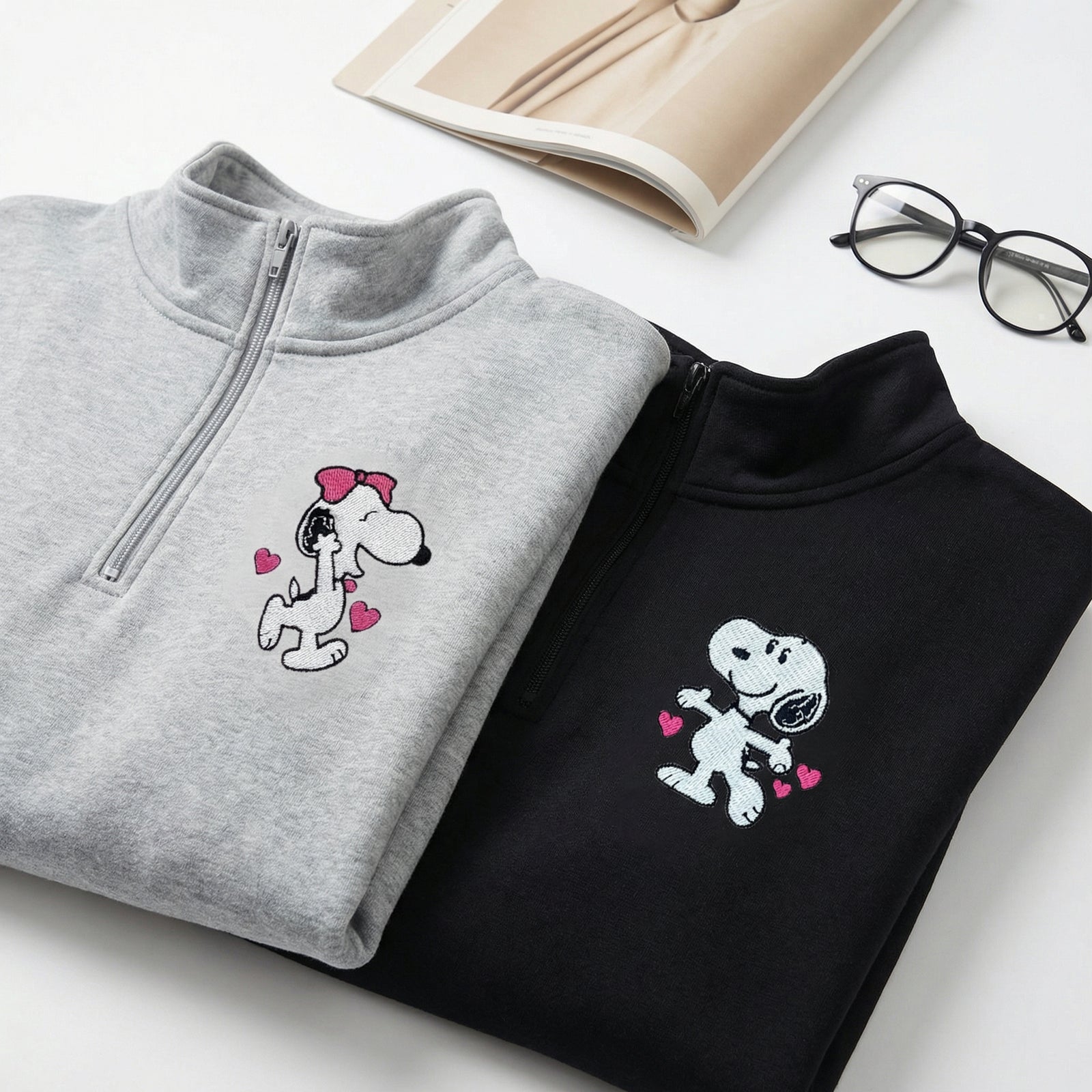 Custom Embroidered Quarter Zip Sweatshirt for Couples - Cute Cartoon Dog Character Matching Full-Zip Hoodie