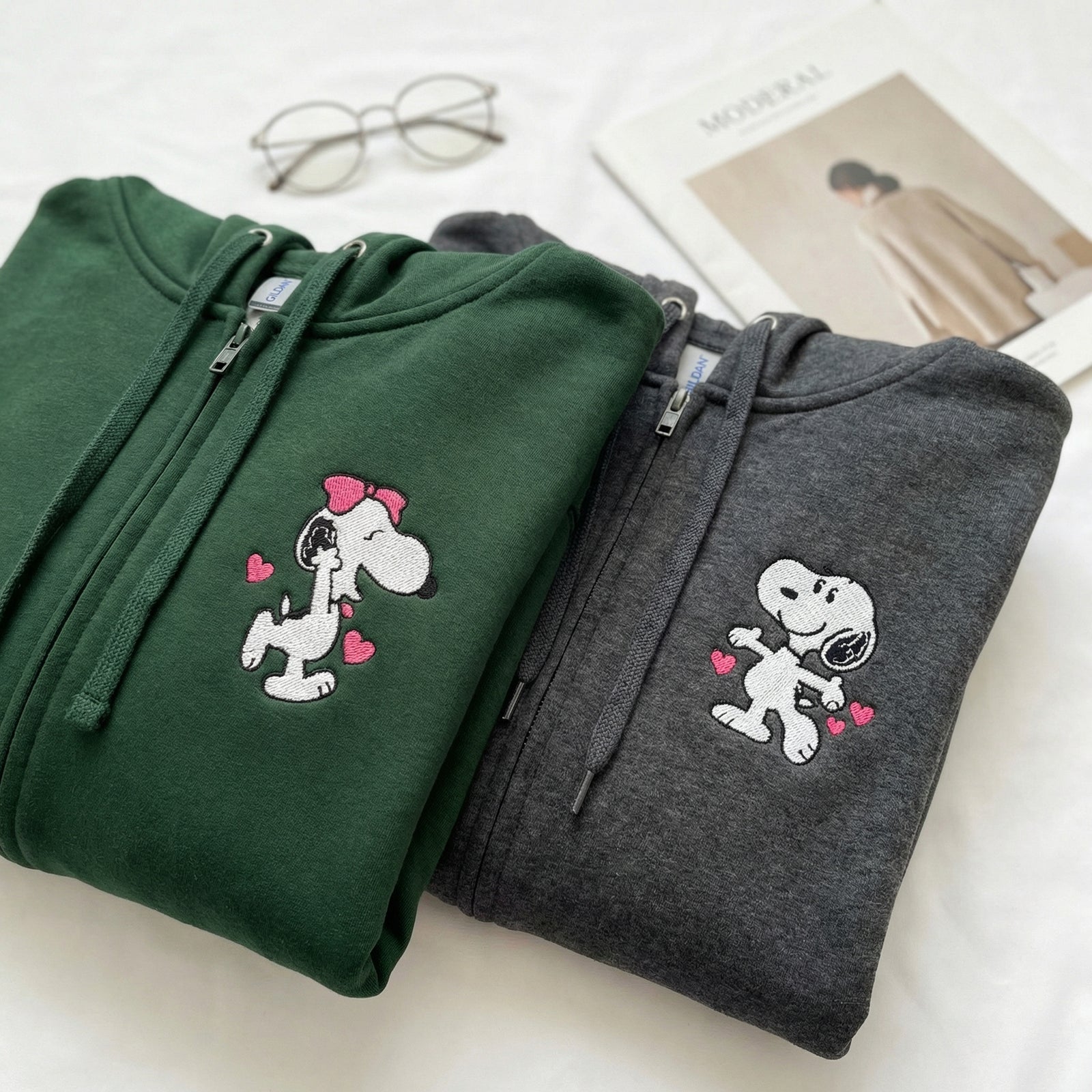 Custom Embroidered Quarter Zip Sweatshirt for Couples - Cute Cartoon Dog Character Matching Full-Zip Hoodie
