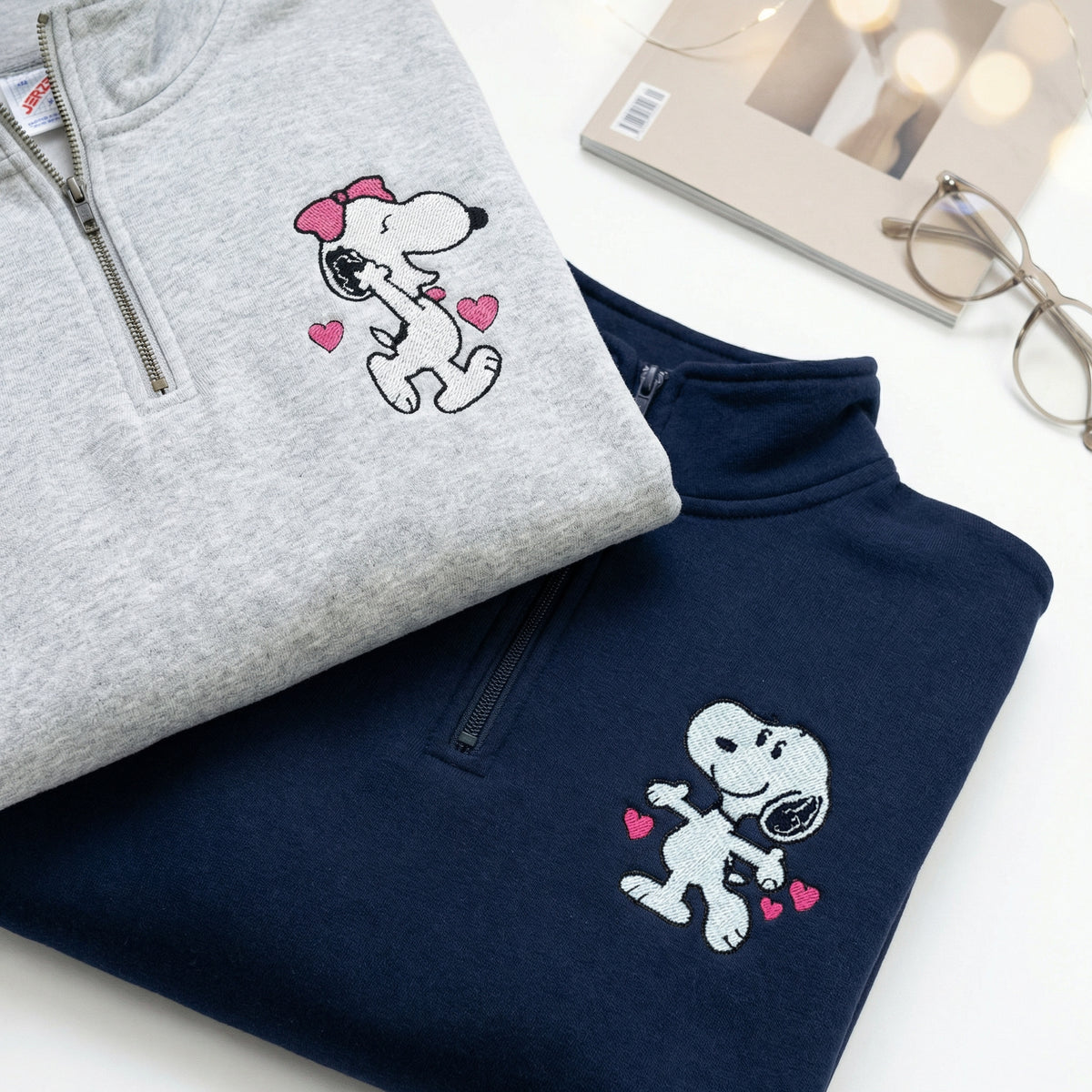 Custom Embroidered Quarter Zip Sweatshirt for Couples - Cute Cartoon Dog Character Matching Full-Zip Hoodie