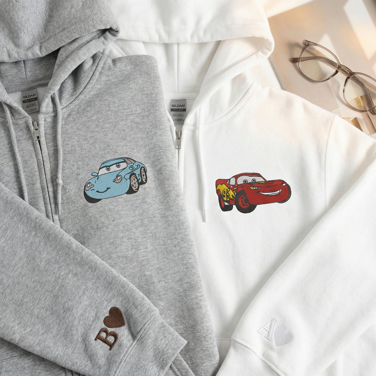 Custom Embroidered Quarter Zip Sweatshirt for Couples - Cute Cartoon Racing Car Matching Full-Zip Hoodie