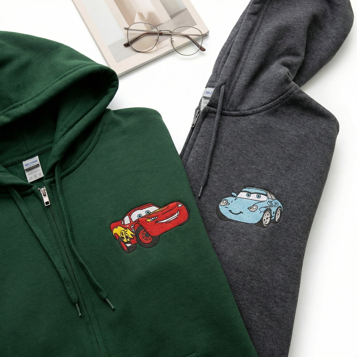 Custom Embroidered Quarter Zip Sweatshirt for Couples - Cute Cartoon Racing Car Matching Full-Zip Hoodie