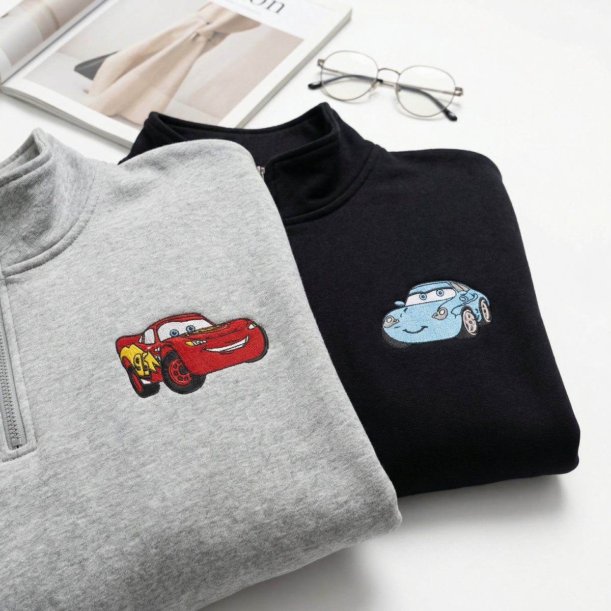Custom Embroidered Quarter Zip Sweatshirt for Couples - Cute Cartoon Racing Car Matching Full-Zip Hoodie