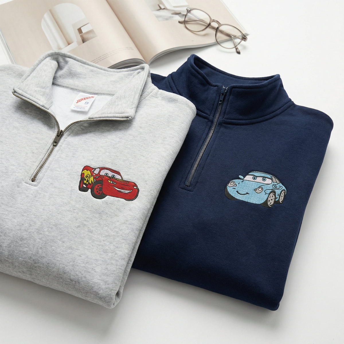 Custom Embroidered Quarter Zip Sweatshirt for Couples - Cute Cartoon Racing Car Matching Full-Zip Hoodie