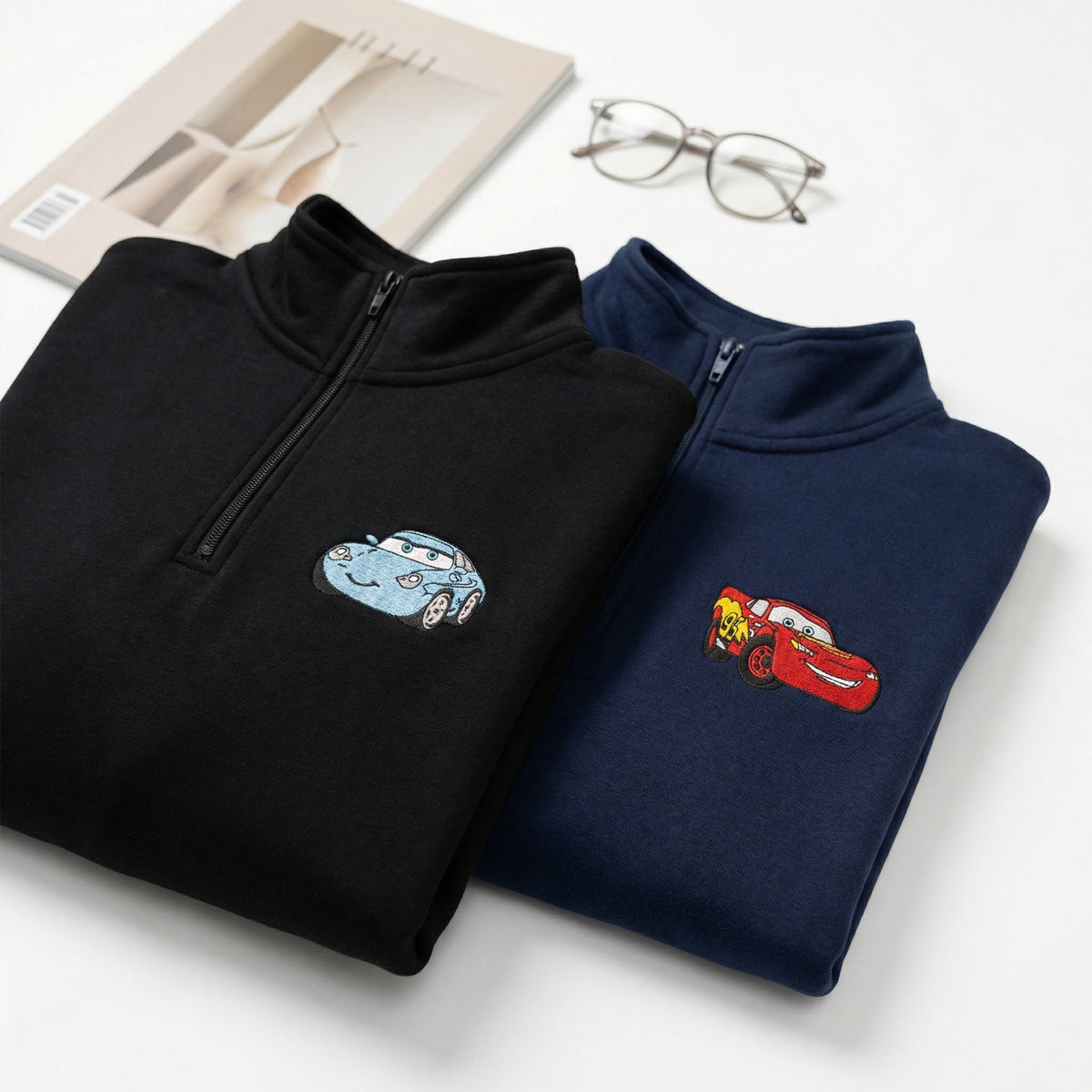 Custom Embroidered Quarter Zip Sweatshirt for Couples - Cute Cartoon Racing Car Matching Full-Zip Hoodie