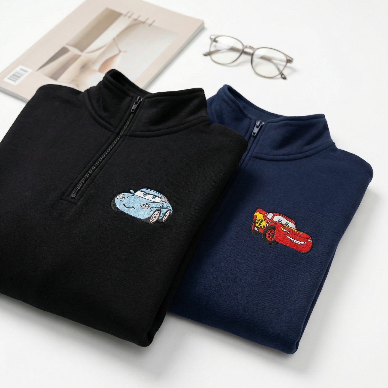 Custom Embroidered Quarter Zip Sweatshirt for Couples - Cute Cartoon Racing Car Matching Full-Zip Hoodie