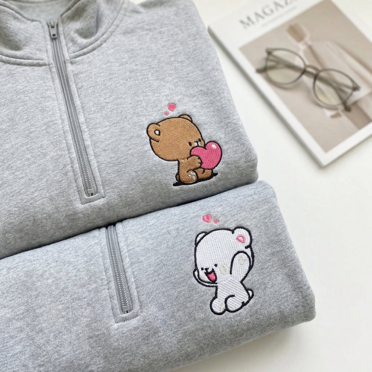 Custom Embroidered Quarter Zip Sweatshirt for Couples - Cute Loving Bears Valentine Hoodie