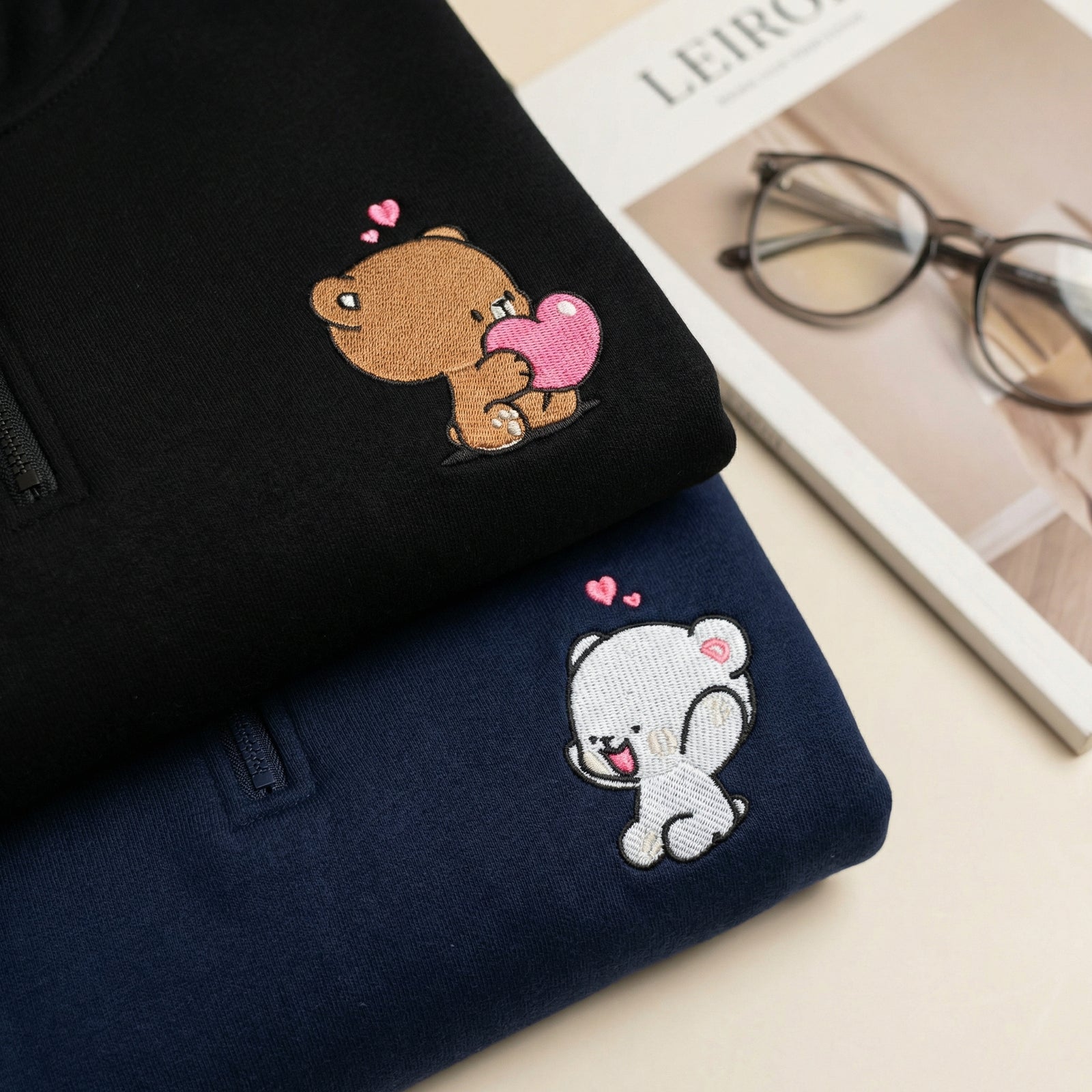 Custom Embroidered Quarter Zip Sweatshirt for Couples - Cute Loving Bears Valentine Hoodie