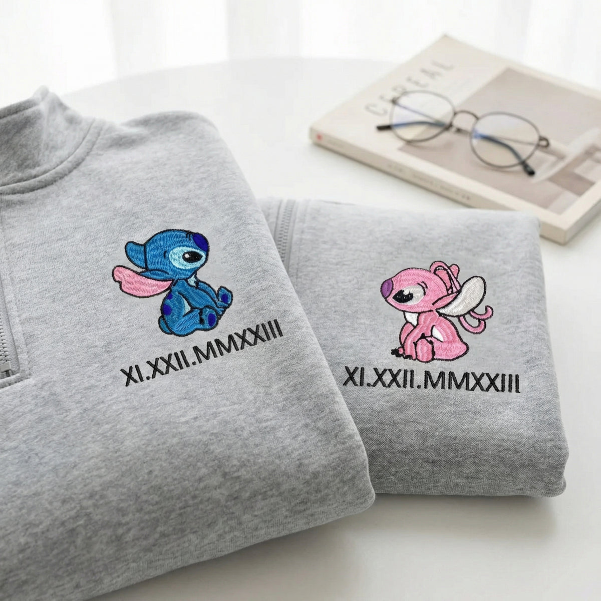 Custom Embroidered Quarter Zip Sweatshirt for Couples - Matching Roman Numeral Date Full-Zip Hoodie