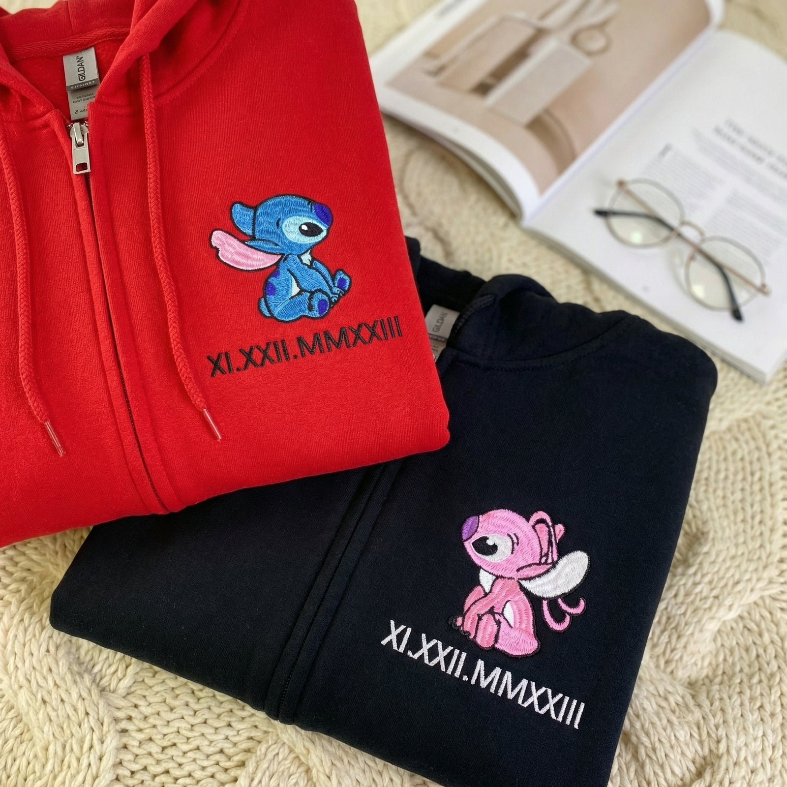Custom Embroidered Quarter Zip Sweatshirt for Couples - Matching Roman Numeral Date Full-Zip Hoodie