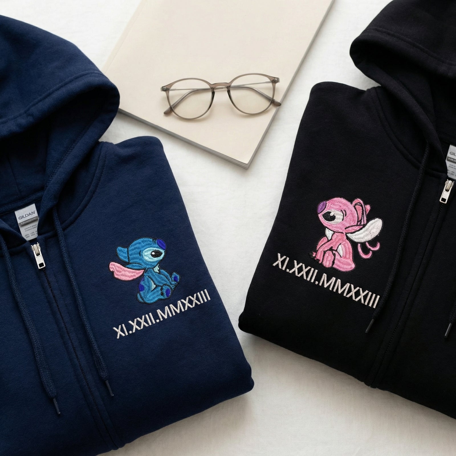 Custom Embroidered Quarter Zip Sweatshirt for Couples - Matching Roman Numeral Date Full-Zip Hoodie