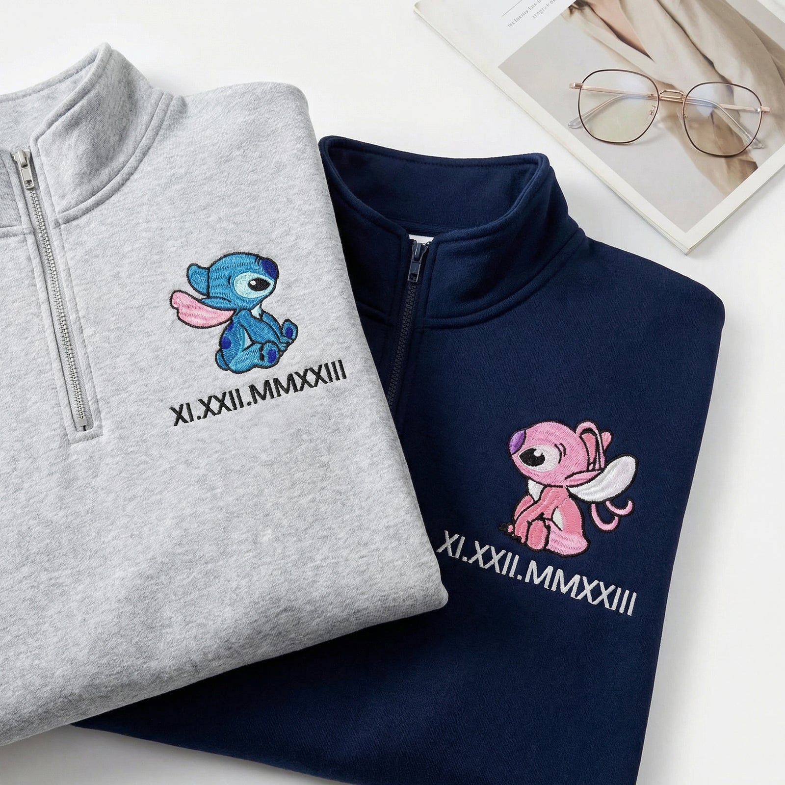 Custom Embroidered Quarter Zip Sweatshirt for Couples - Matching Roman Numeral Date Full-Zip Hoodie