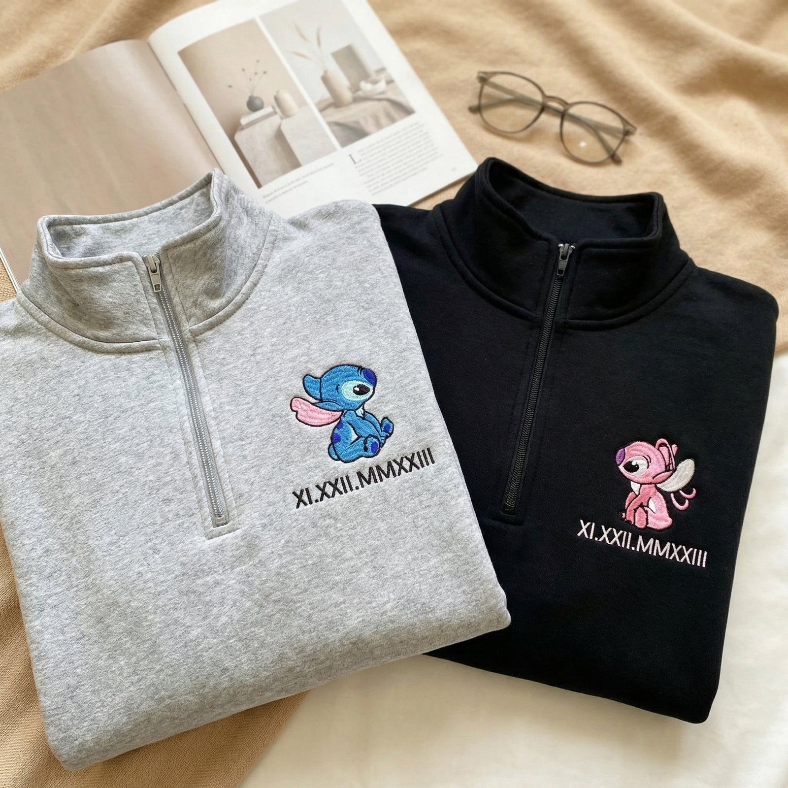 Custom Embroidered Quarter Zip Sweatshirt for Couples - Matching Roman Numeral Date Full-Zip Hoodie