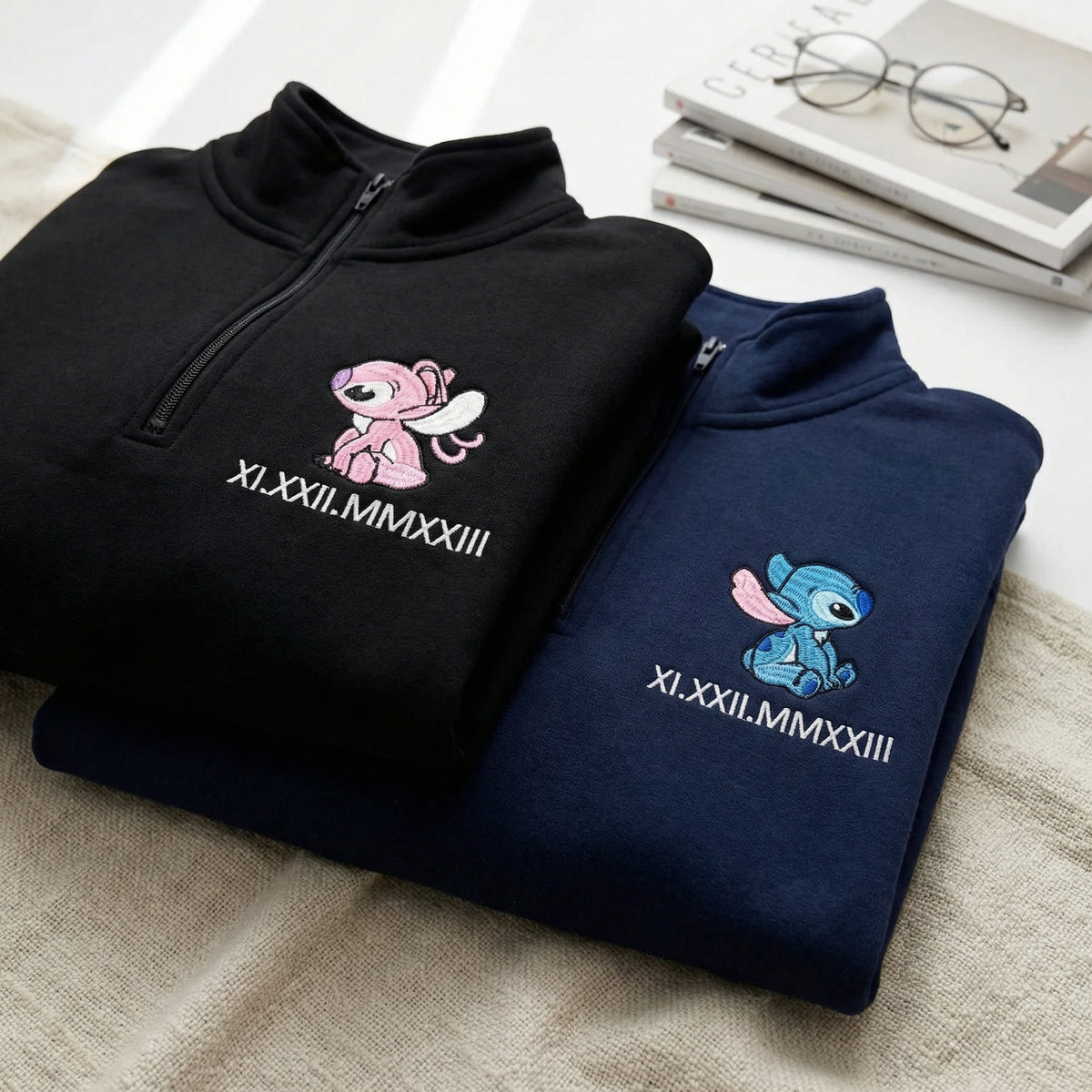 Custom Embroidered Quarter Zip Sweatshirt for Couples - Matching Roman Numeral Date Full-Zip Hoodie