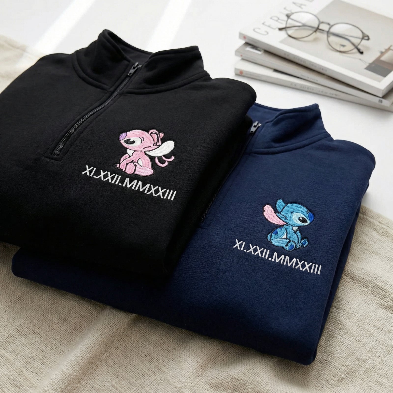 Custom Embroidered Quarter Zip Sweatshirt for Couples - Matching Roman Numeral Date Full-Zip Hoodie