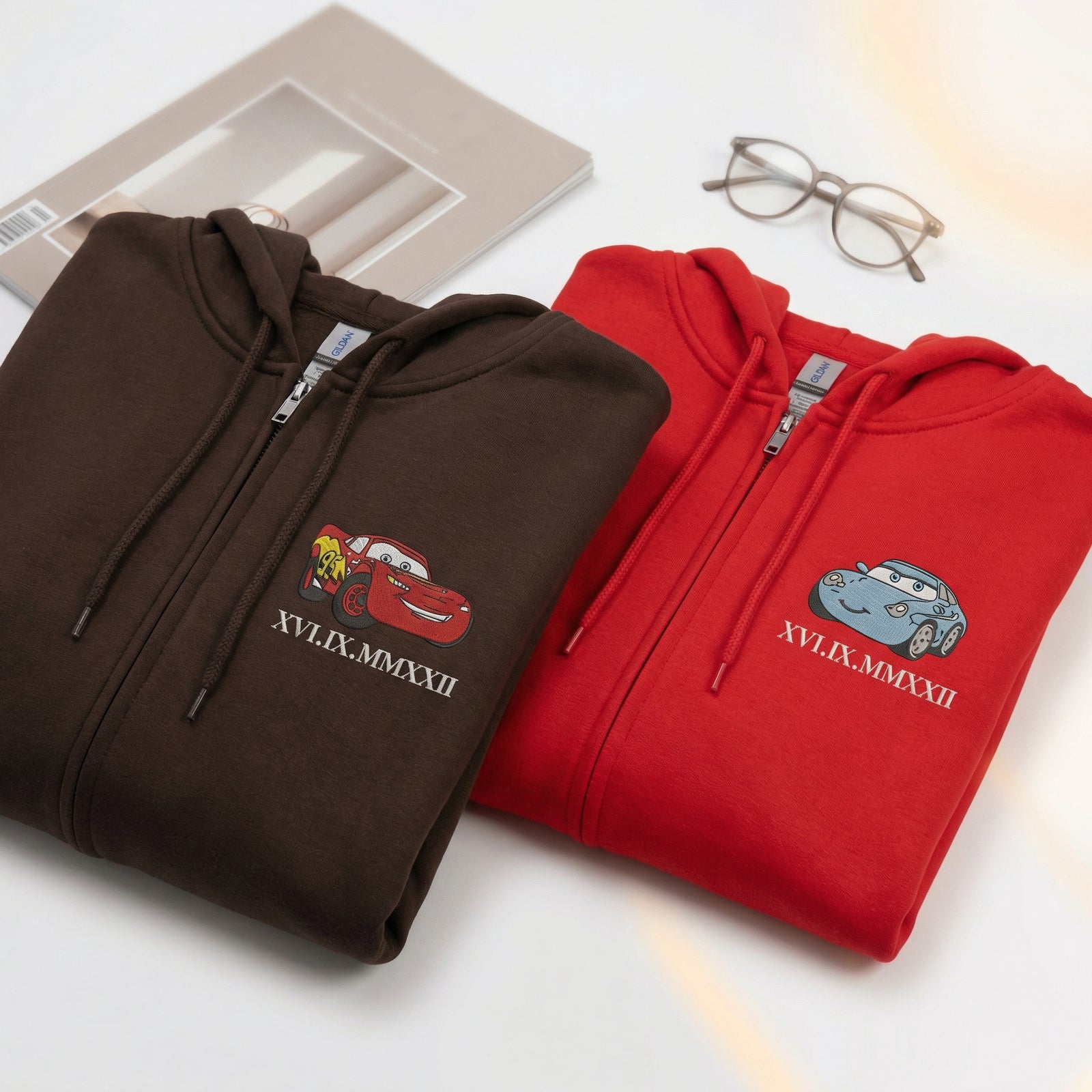Custom Embroidered Quarter Zip Sweatshirt for Couples - Roman Numeral Date Car Matching Full-Zip Hoodie