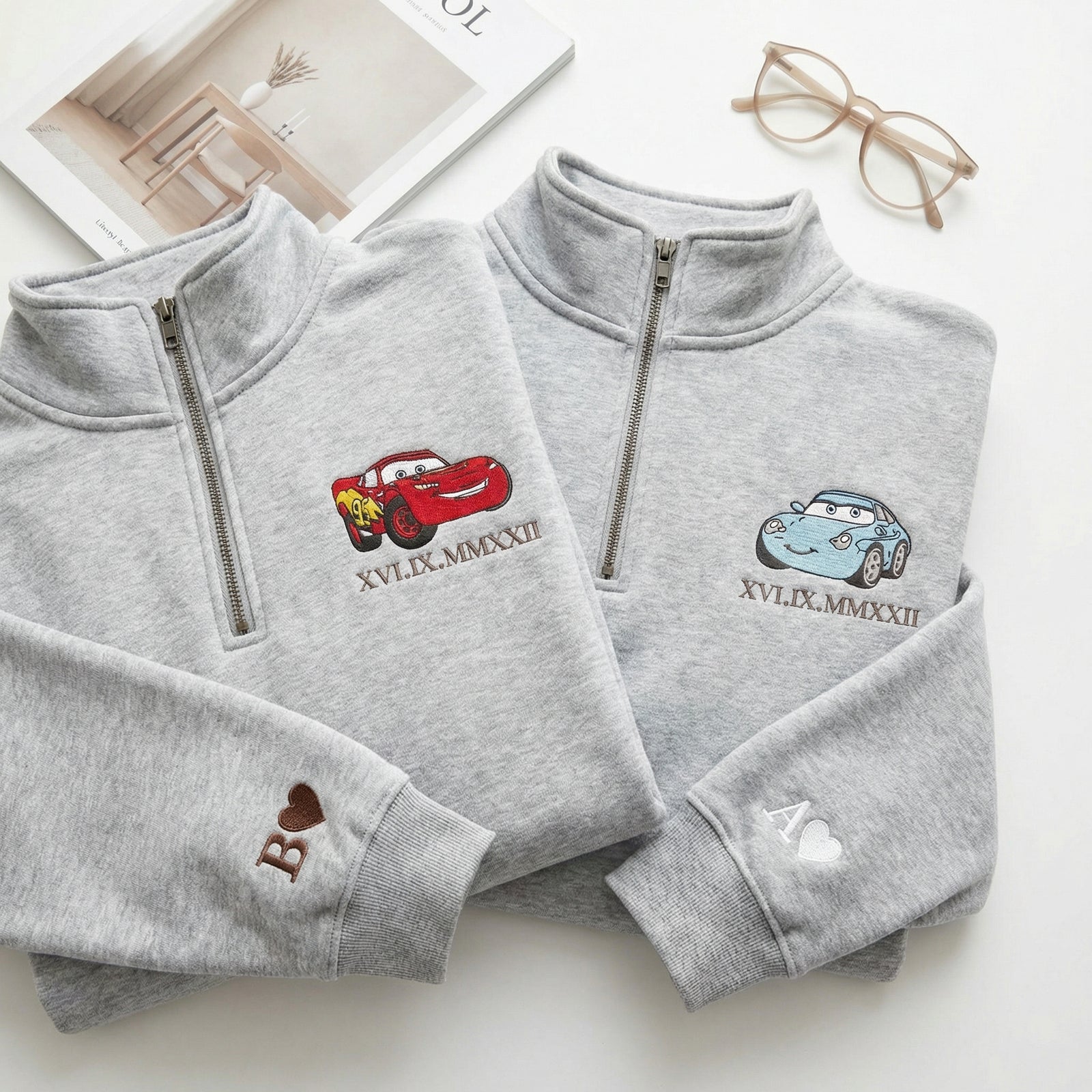 Custom Embroidered Quarter Zip Sweatshirt for Couples - Roman Numeral Date Car Matching Full-Zip Hoodie