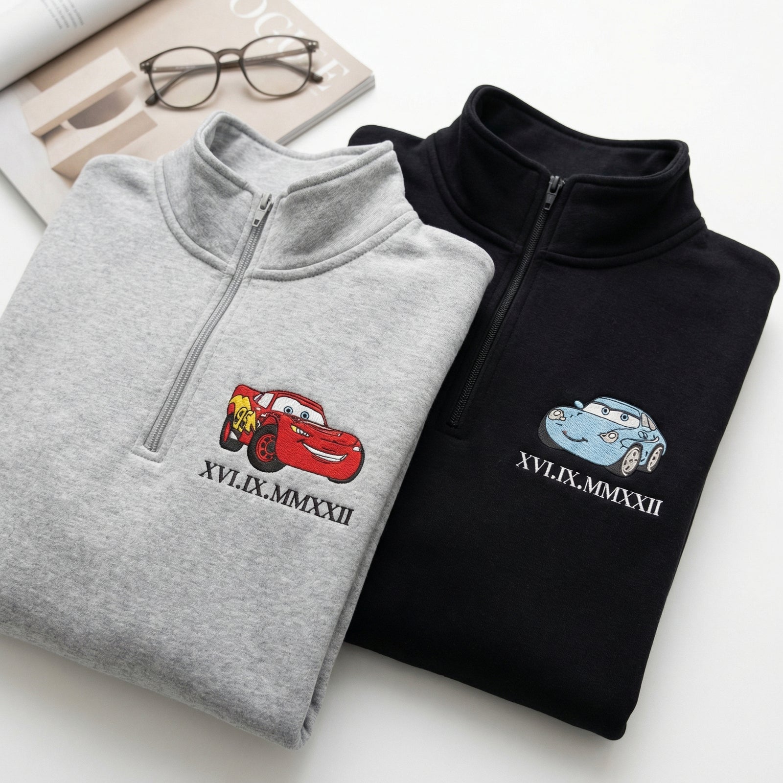 Custom Embroidered Quarter Zip Sweatshirt for Couples - Roman Numeral Date Car Matching Full-Zip Hoodie