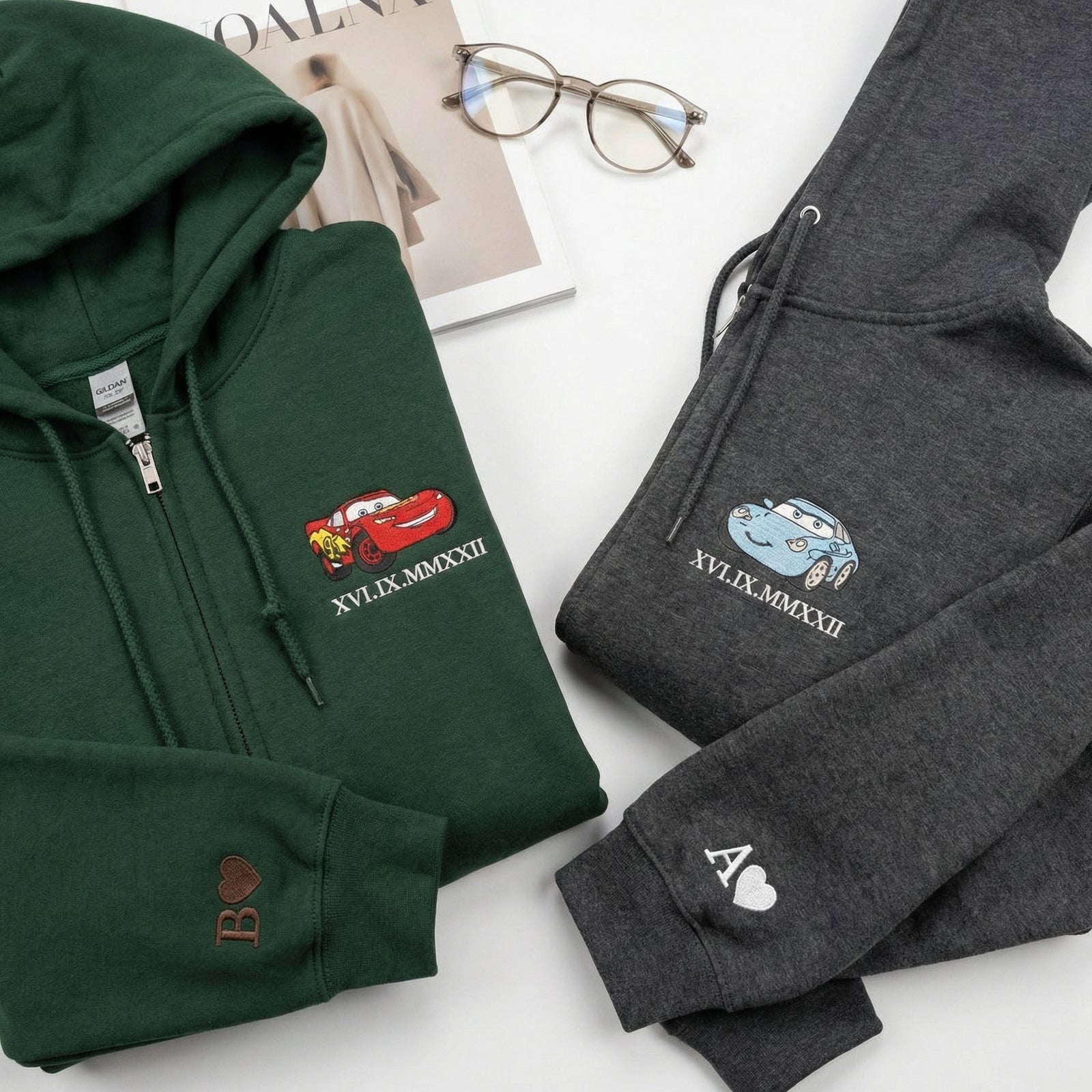 Custom Embroidered Quarter Zip Sweatshirt for Couples - Roman Numeral Date Car Matching Full-Zip Hoodie