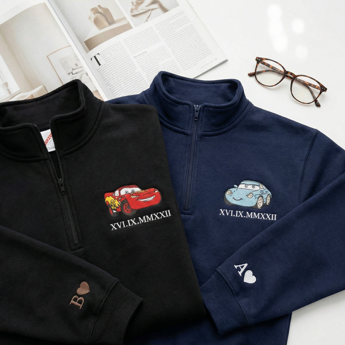 Custom Embroidered Quarter Zip Sweatshirt for Couples - Roman Numeral Date Car Matching Full-Zip Hoodie