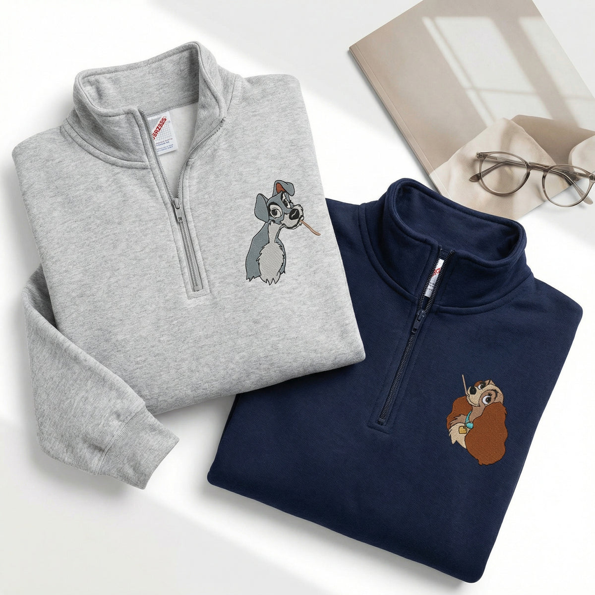 Custom Embroidered Quarter Zip Sweatshirts for Couples - Adorable Cartoon Dog Matching Full-Zip Hoodie