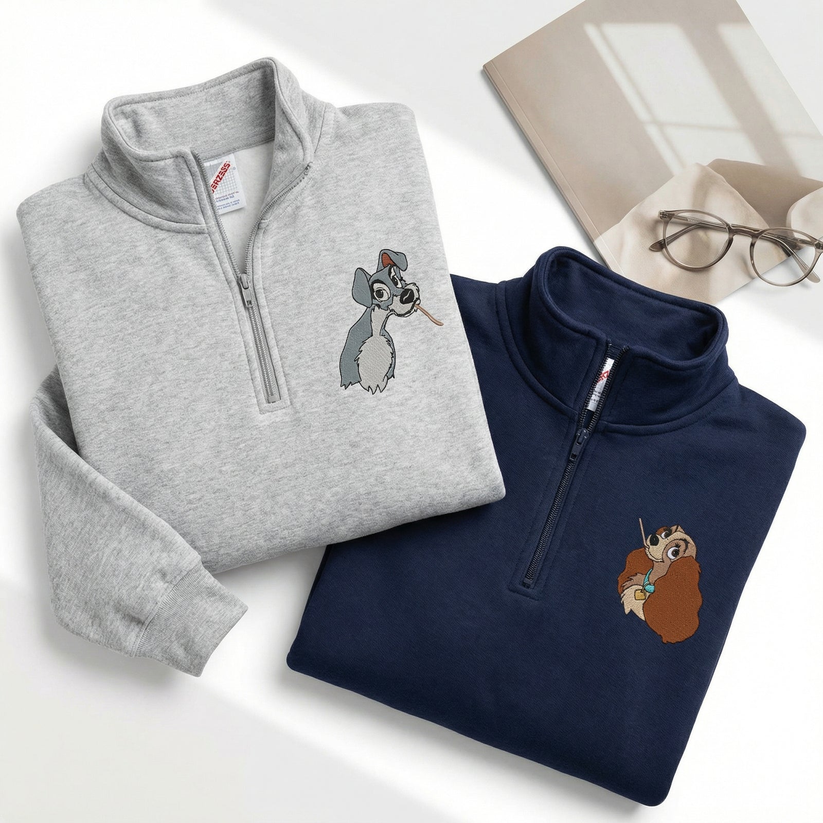 Custom Embroidered Quarter Zip Sweatshirts for Couples - Adorable Cartoon Dog Matching Full-Zip Hoodie