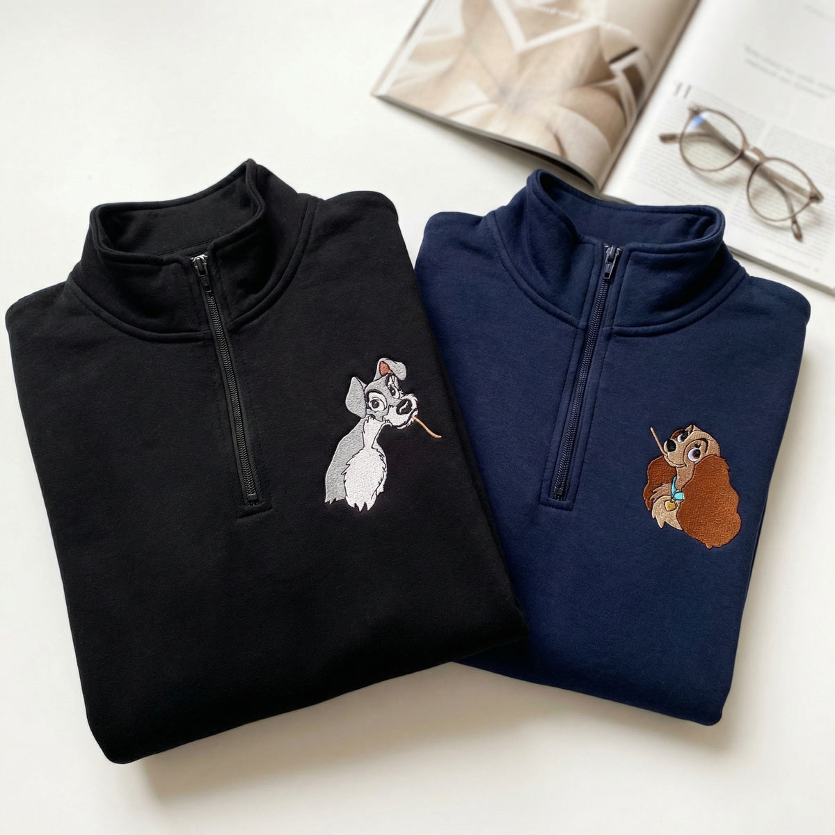 Custom Embroidered Quarter Zip Sweatshirts for Couples - Adorable Cartoon Dog Matching Full-Zip Hoodie