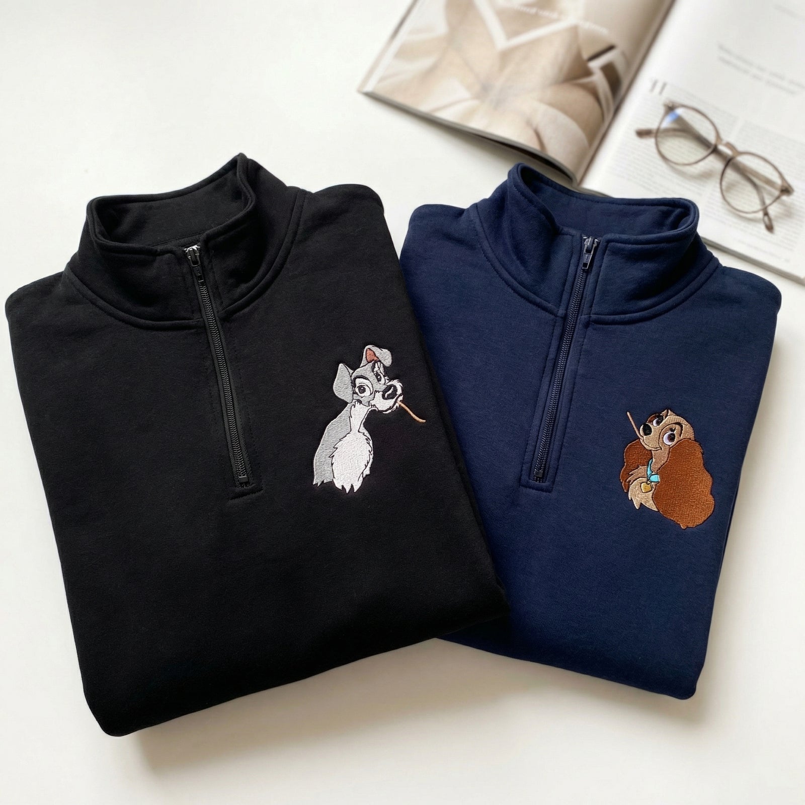 Custom Embroidered Quarter Zip Sweatshirts for Couples - Adorable Cartoon Dog Matching Full-Zip Hoodie