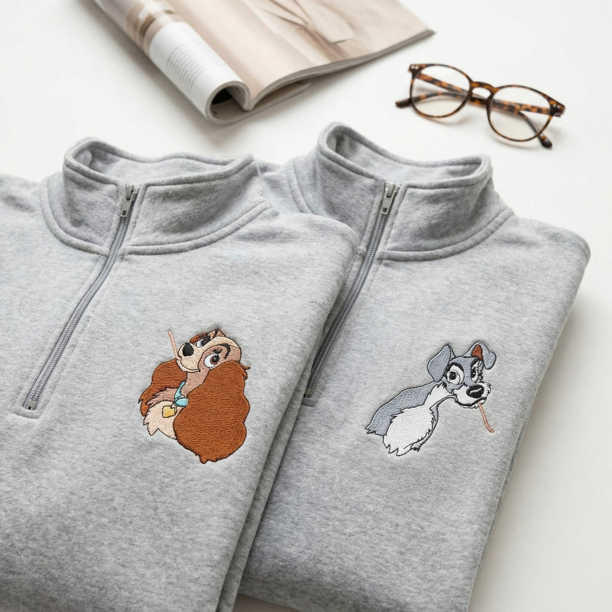 Custom Embroidered Quarter Zip Sweatshirts for Couples - Adorable Cartoon Dog Matching Full-Zip Hoodie