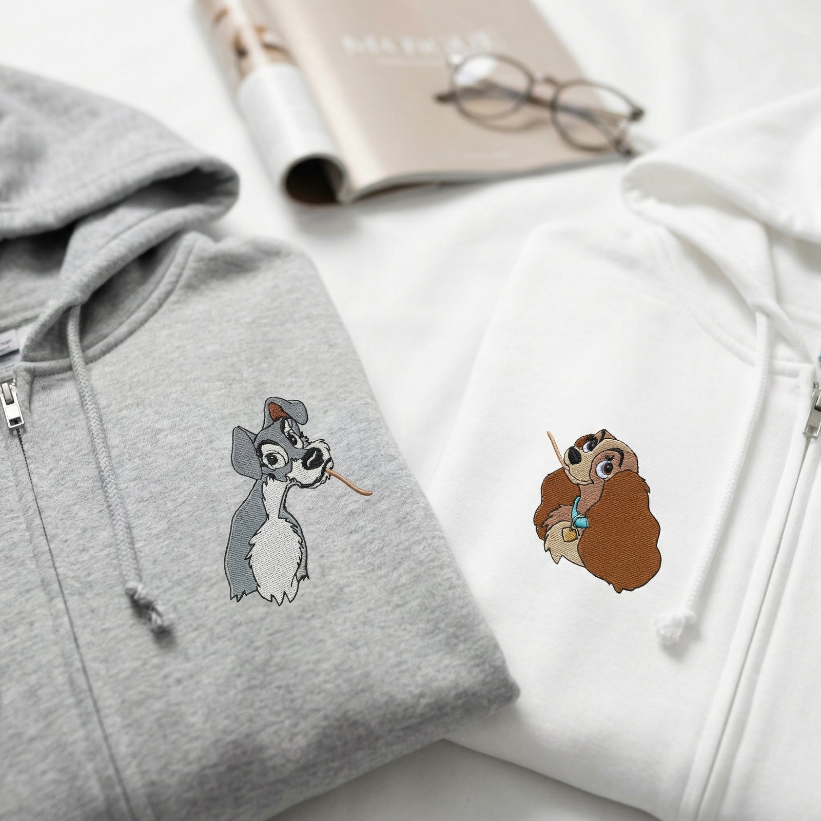 Custom Embroidered Quarter Zip Sweatshirts for Couples - Adorable Cartoon Dog Matching Full-Zip Hoodie