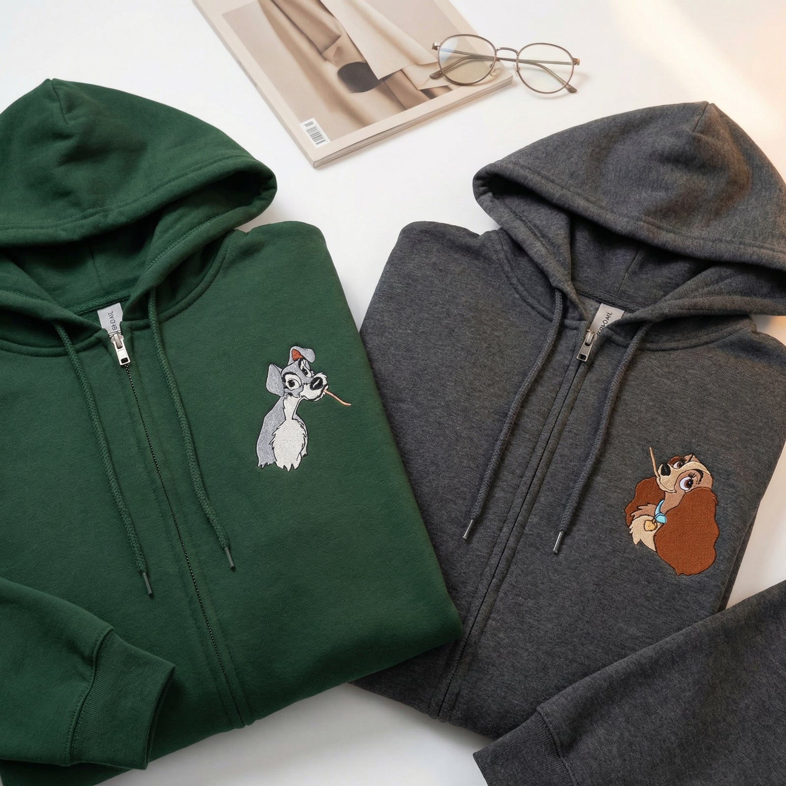 Custom Embroidered Quarter Zip Sweatshirts for Couples - Adorable Cartoon Dog Matching Full-Zip Hoodie