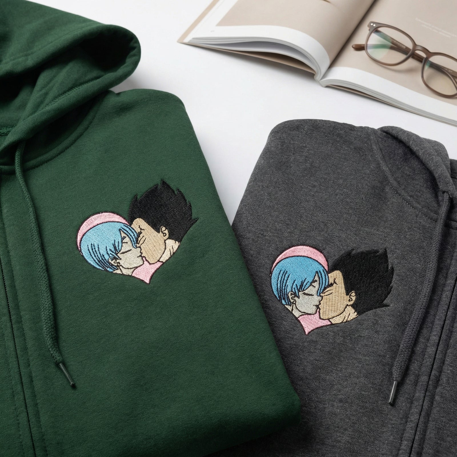 Custom Embroidered Quarter Zip Sweatshirts for Couples - Adorable Romantic Cartoon Matching Hoodie