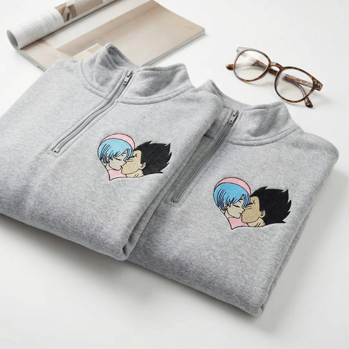 Custom Embroidered Quarter Zip Sweatshirts for Couples - Adorable Romantic Cartoon Matching Hoodie
