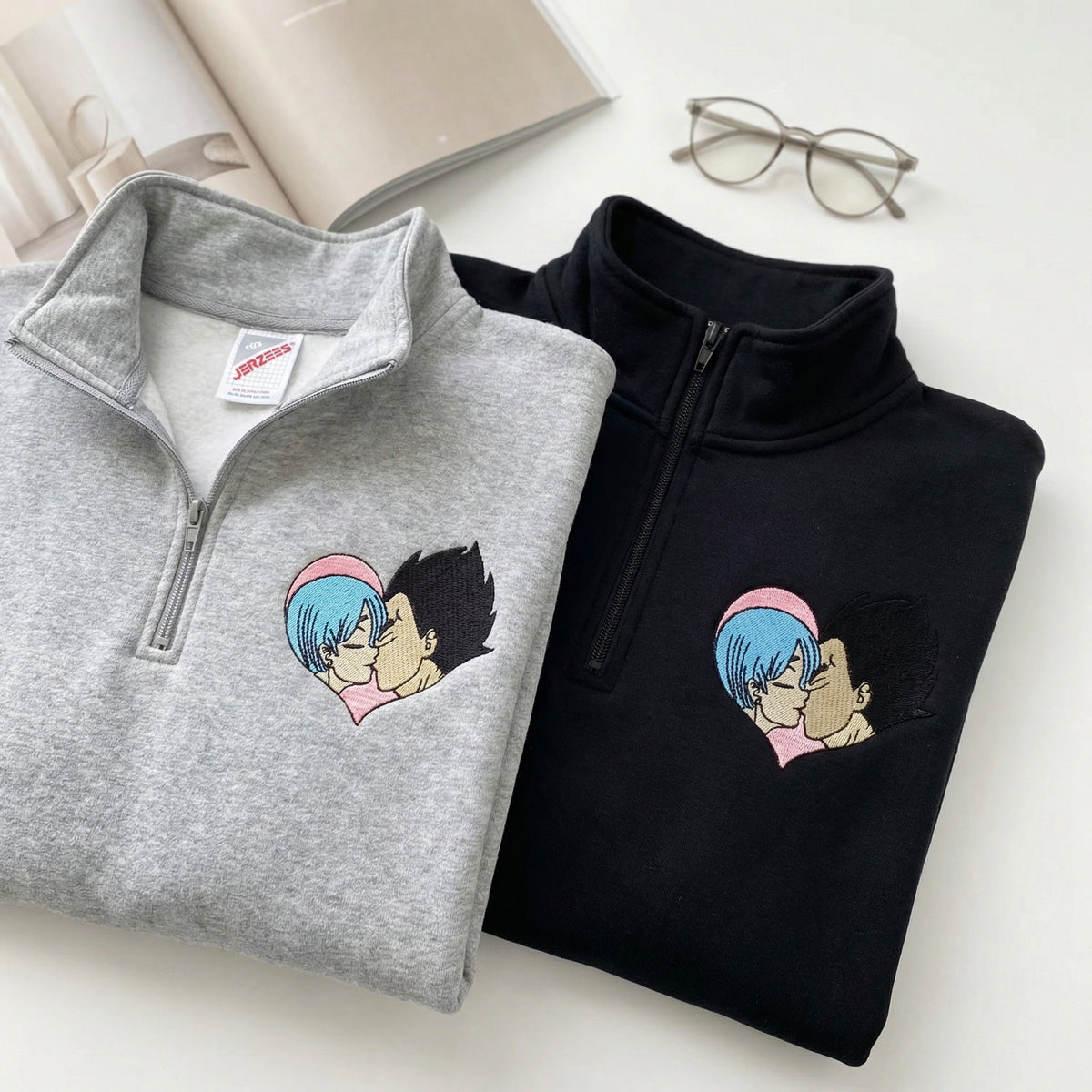 Custom Embroidered Quarter Zip Sweatshirts for Couples - Adorable Romantic Cartoon Matching Hoodie