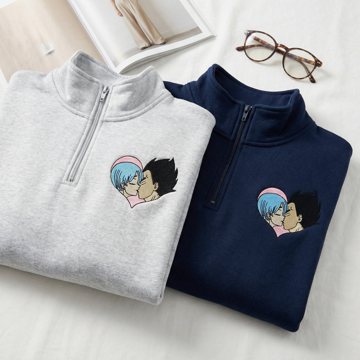 Custom Embroidered Quarter Zip Sweatshirts for Couples - Adorable Romantic Cartoon Matching Hoodie