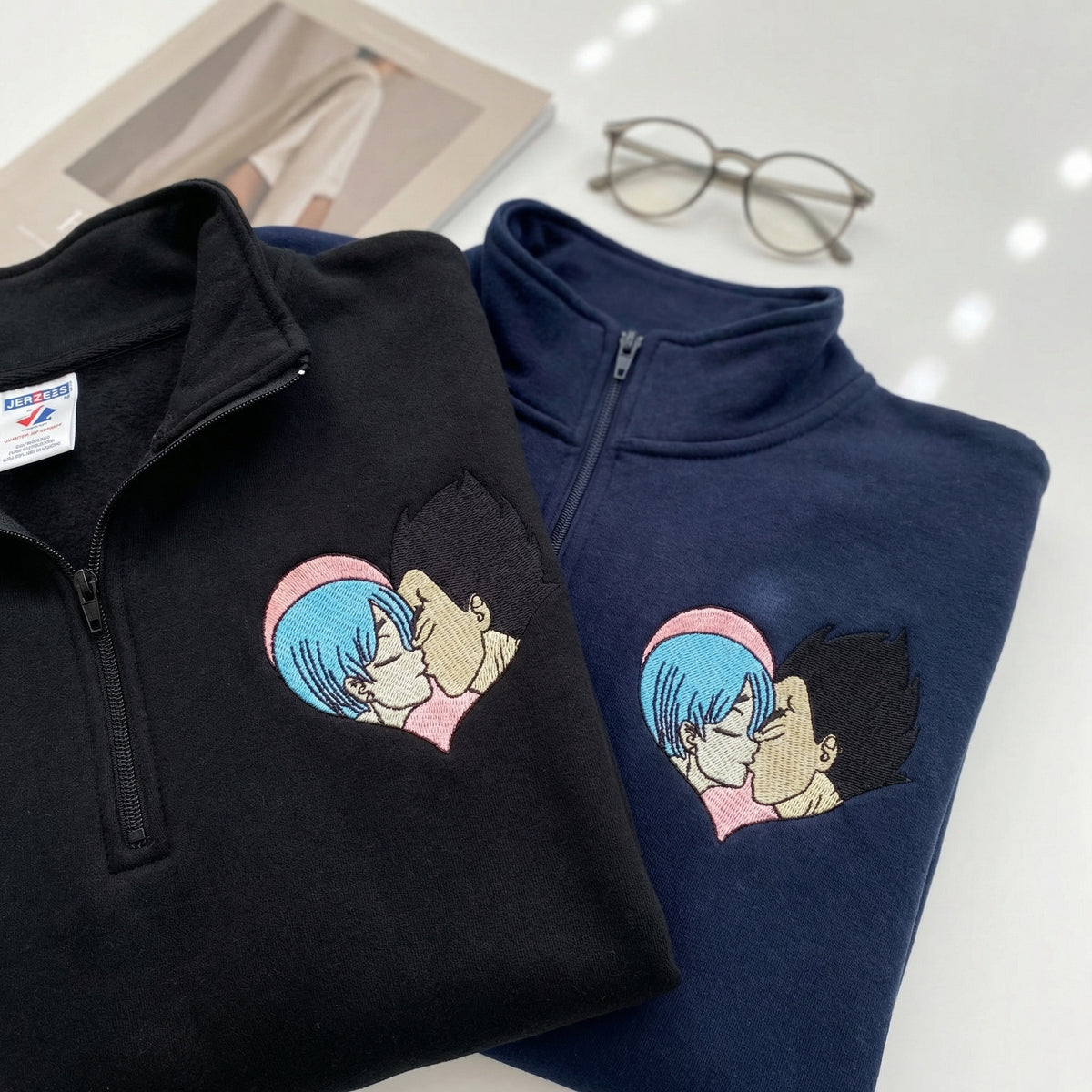 Custom Embroidered Quarter Zip Sweatshirts for Couples - Adorable Romantic Cartoon Matching Hoodie