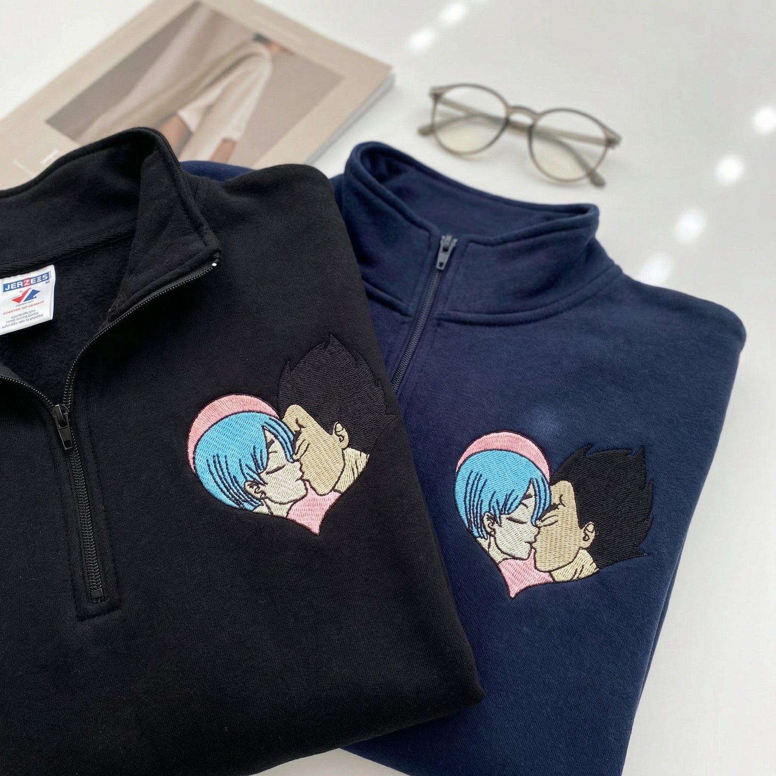 Custom Embroidered Quarter Zip Sweatshirts for Couples - Adorable Romantic Cartoon Matching Hoodie