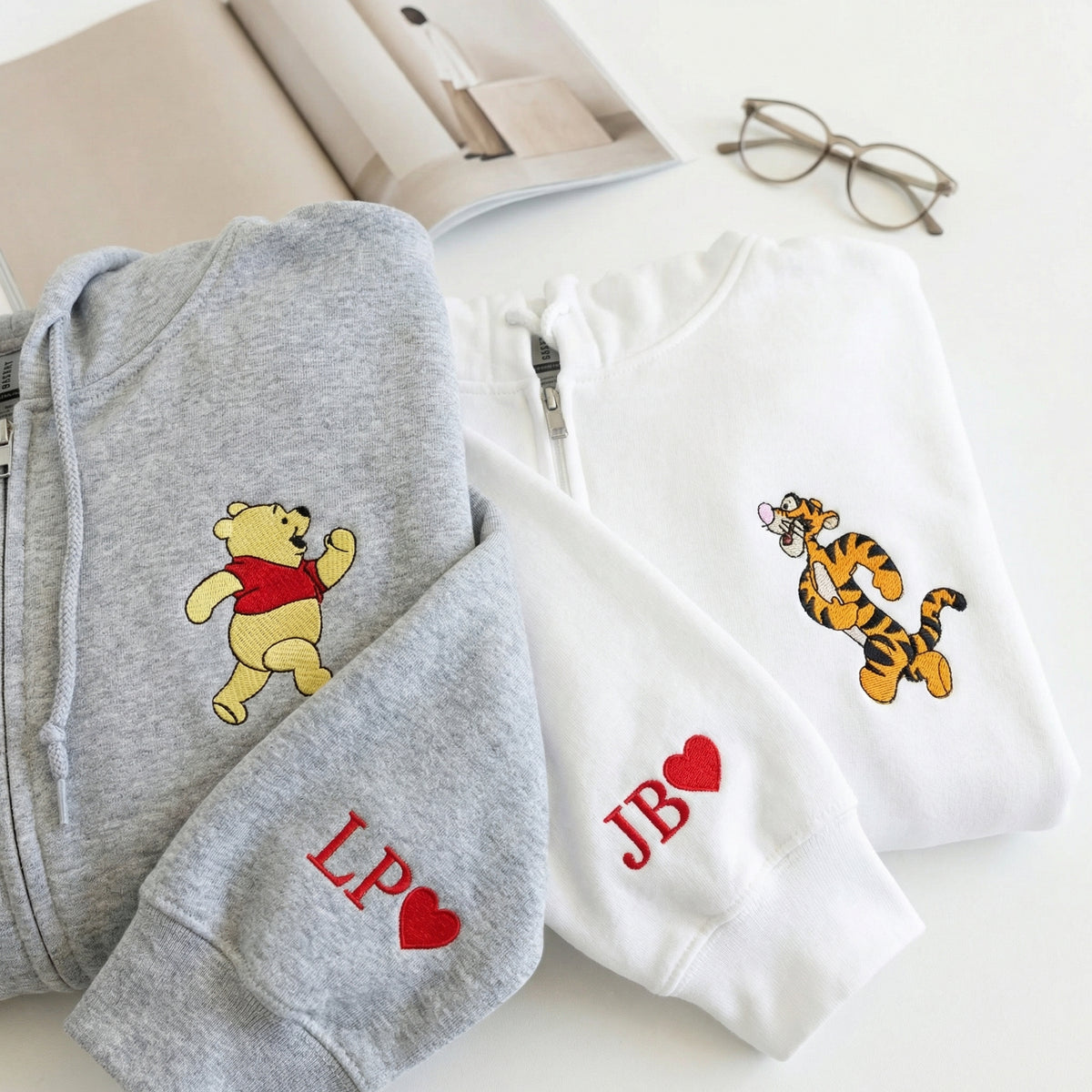 Custom Embroidered Quarter Zip Sweatshirts for Couples - Bear &amp; Tiger His and Her Matching Full-Zip Hoodie
