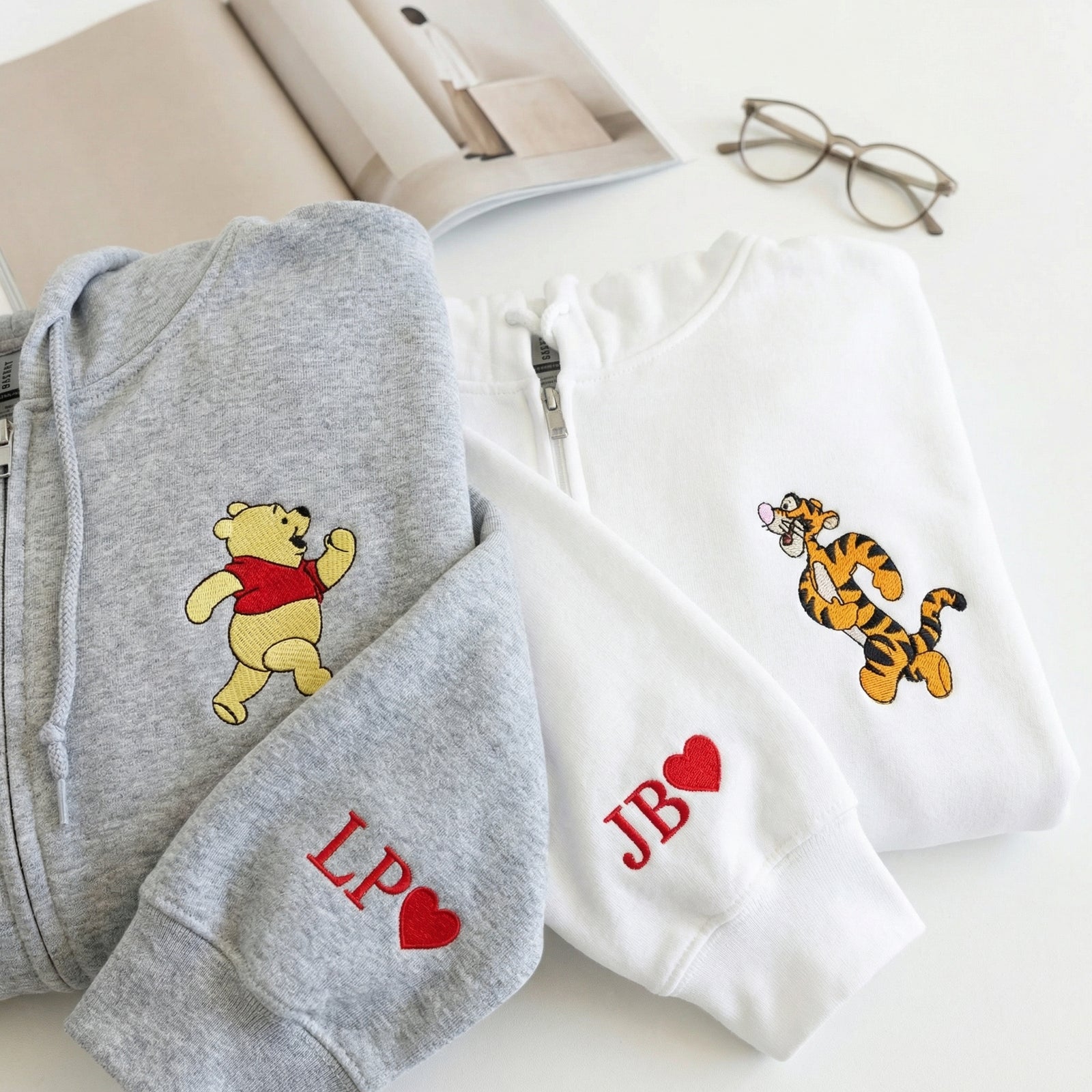 Custom Embroidered Quarter Zip Sweatshirts for Couples - Bear & Tiger His and Her Matching Full-Zip Hoodie